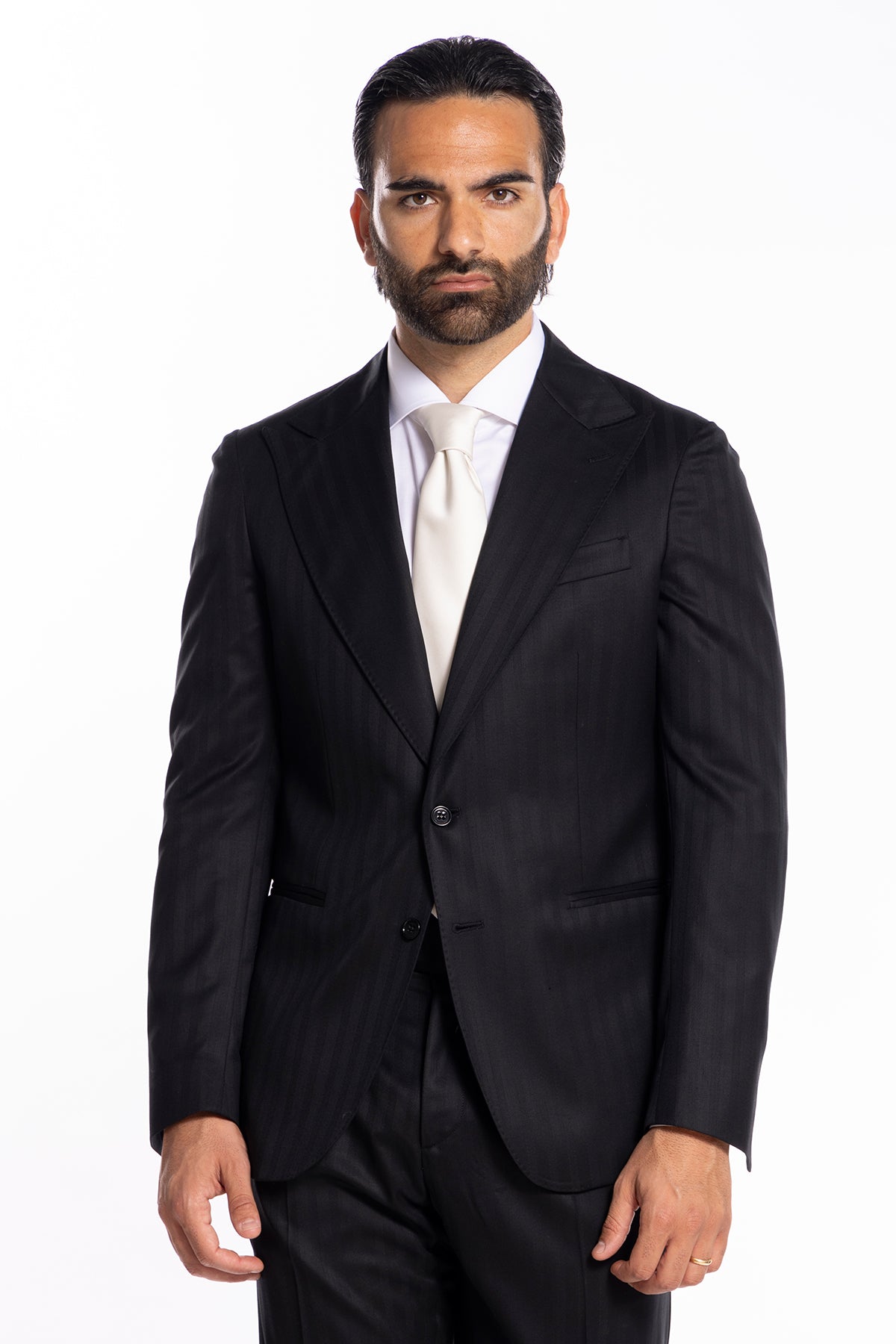 Giacca uomo monopetto nera fantasia rigata tono su tono fresco lana super 140's Vitale Barberis Canonico Rever a lancia