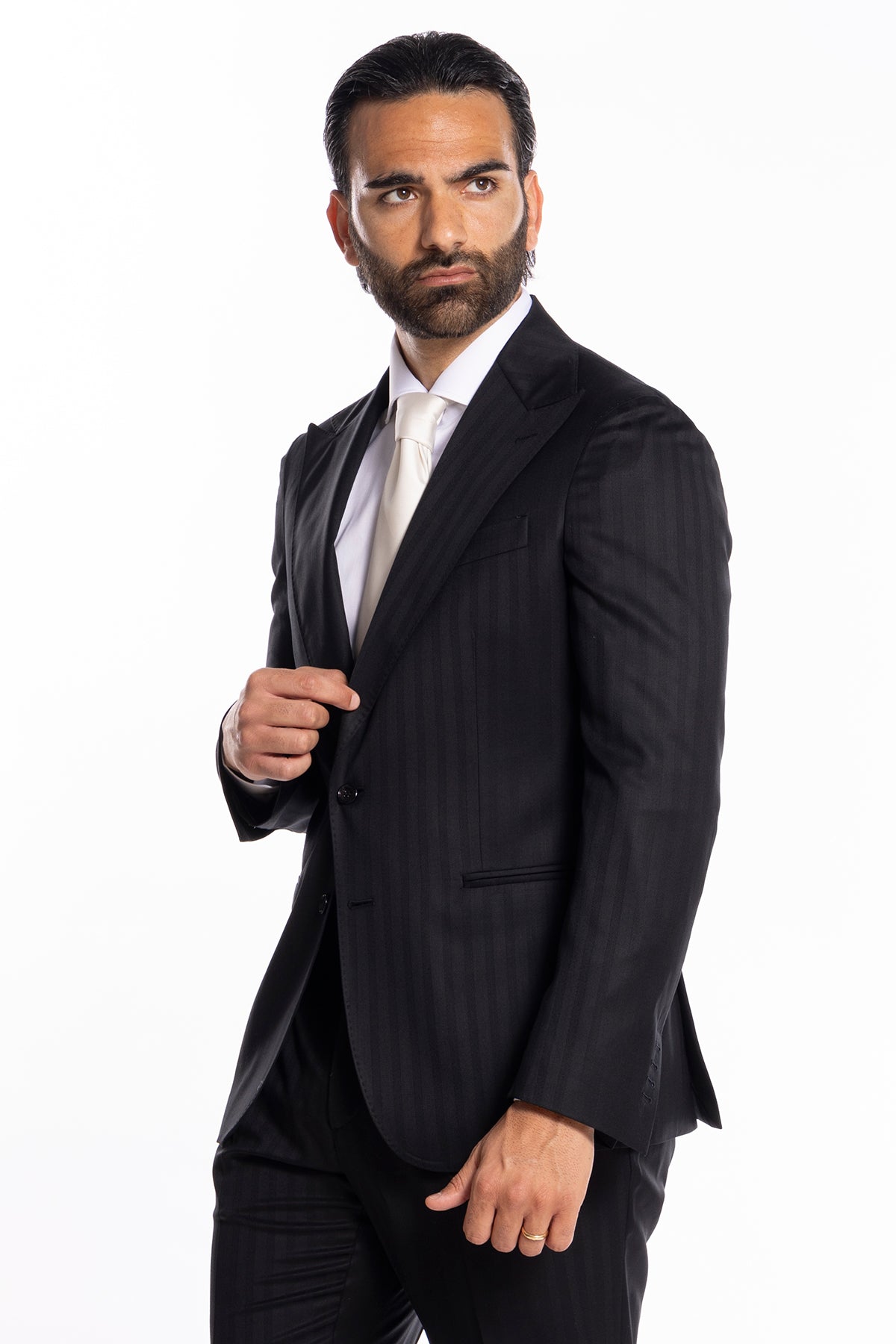 Giacca uomo monopetto nera fantasia rigata tono su tono fresco lana super 140's Vitale Barberis Canonico Rever a lancia