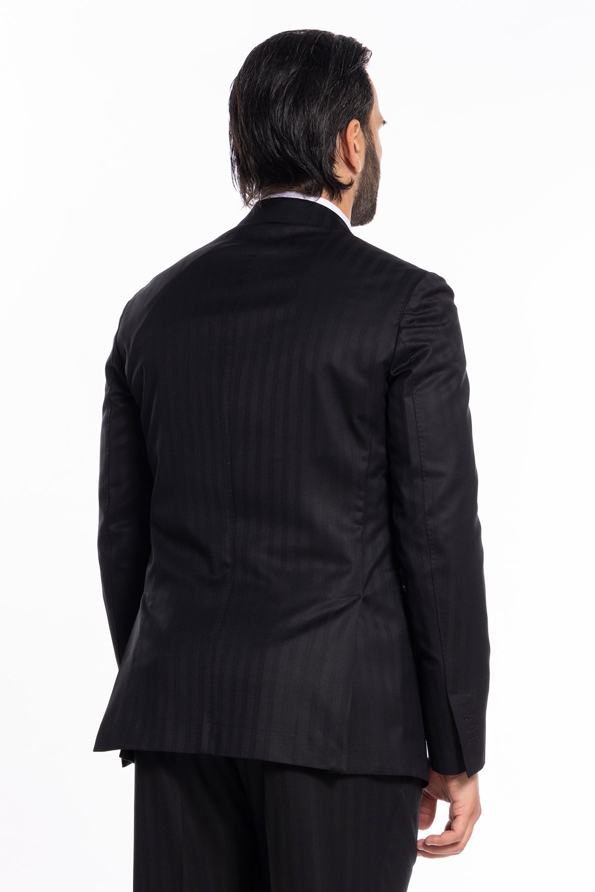 Giacca uomo monopetto nera fantasia rigata tono su tono fresco lana super 140's Vitale Barberis Canonico Rever a lancia