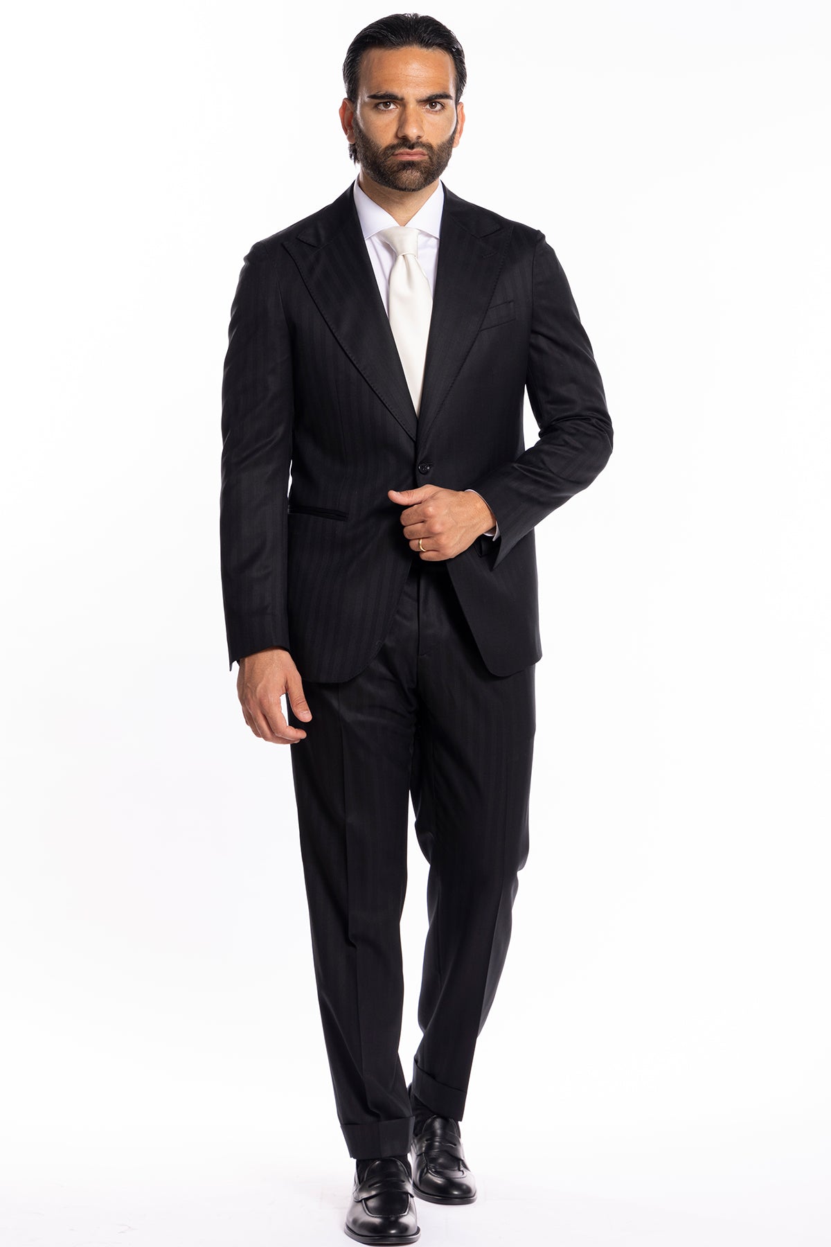 Giacca uomo monopetto nera fantasia rigata tono su tono fresco lana super 140's Vitale Barberis Canonico Rever a lancia
