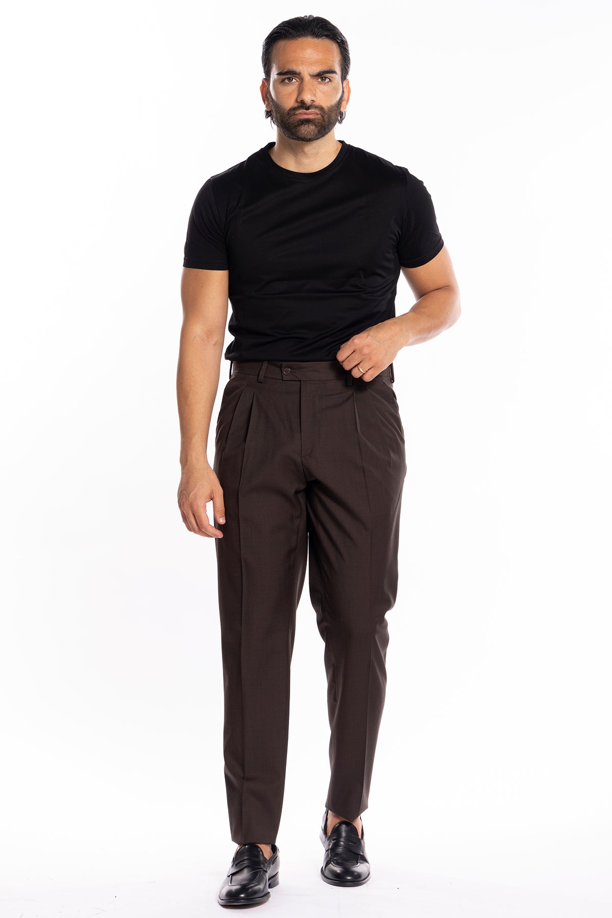 Pantalone uomo Marrone fresco lana super 120's Holland & Sherry tasca america con doppia pinces e piega sciolta