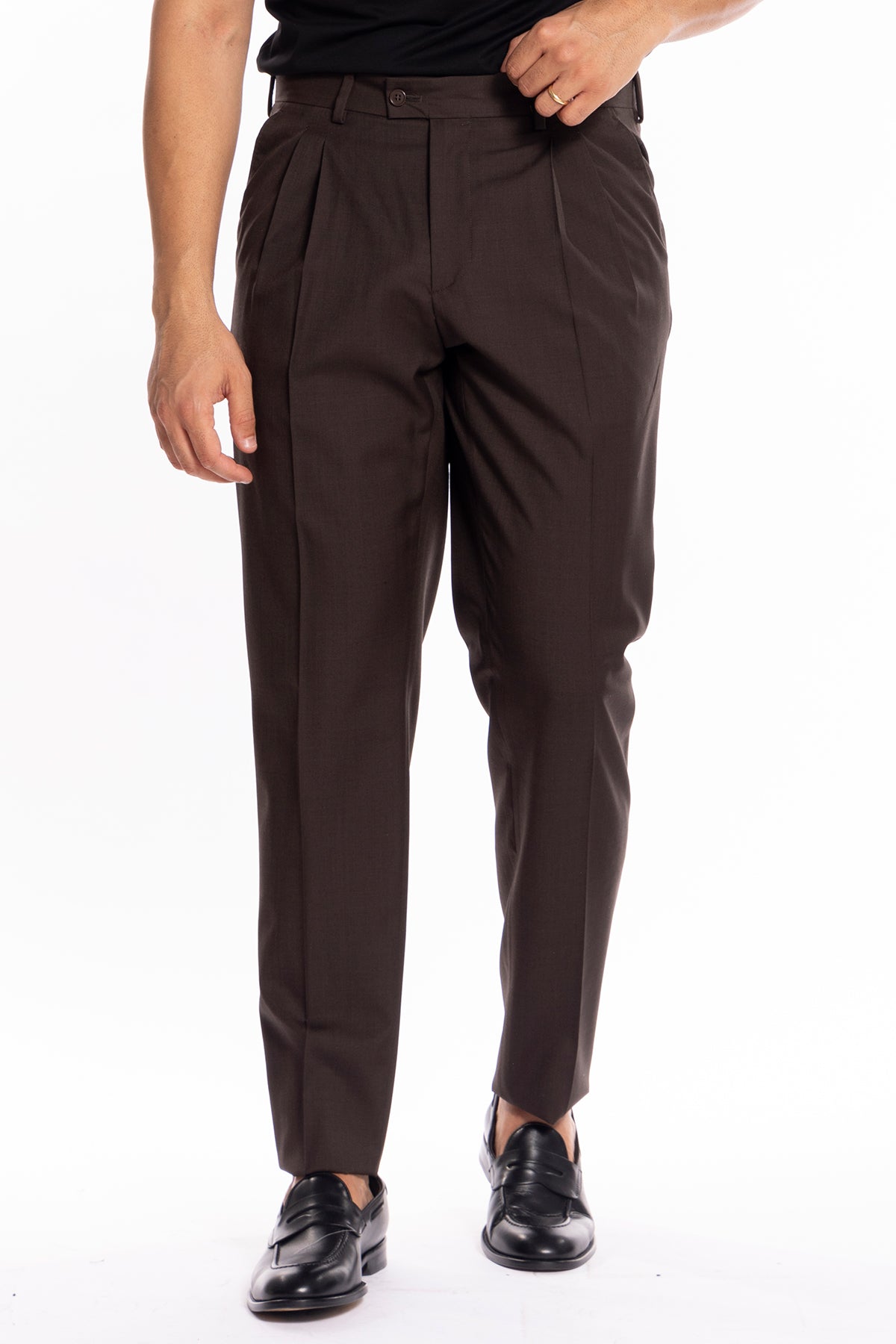 Pantalone uomo Marrone fresco lana super 120's Holland & Sherry tasca america con doppia pinces e piega sciolta