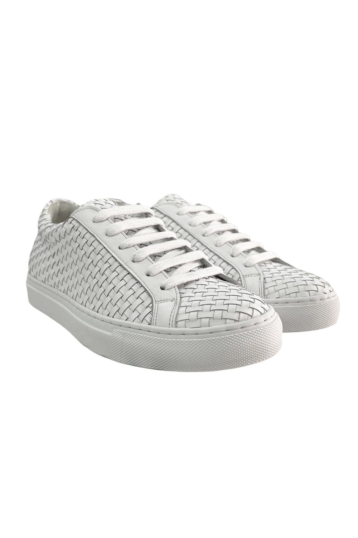 Sneakers uomo bianche in vera pelle intrecciata con suola in gomma bianca made in italy