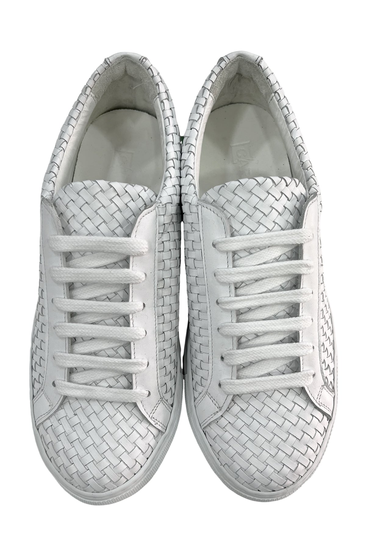 Sneakers uomo bianche in vera pelle intrecciata con suola in gomma bianca made in italy