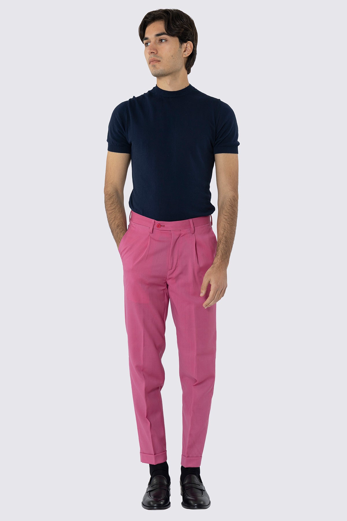 Pantalone uomo color fragola fresco lana super 130's Bristol Tessuti Napoli tasca america una pinces e risvolto di 4cm