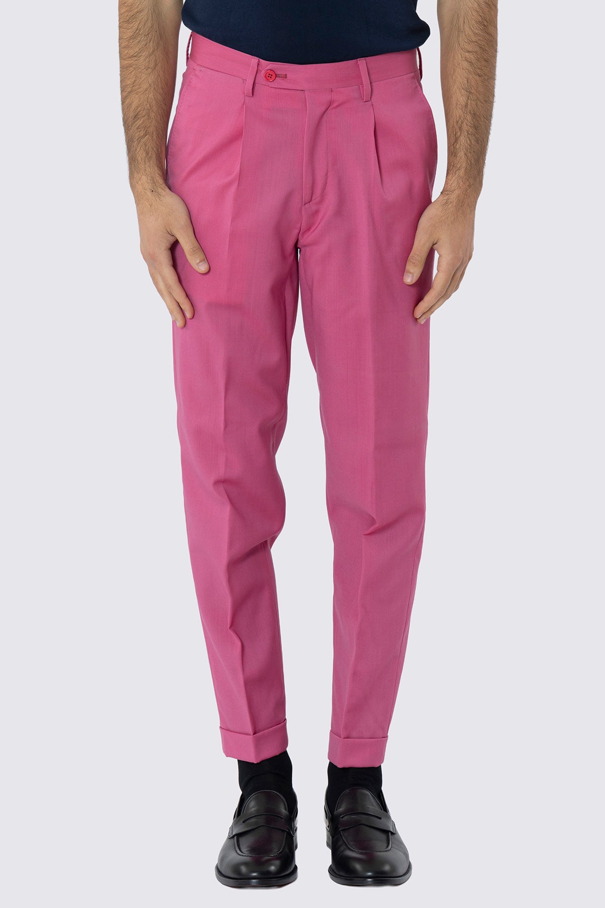 Pantalone uomo color fragola fresco lana super 130's Bristol Tessuti Napoli tasca america una pinces e risvolto di 4cm