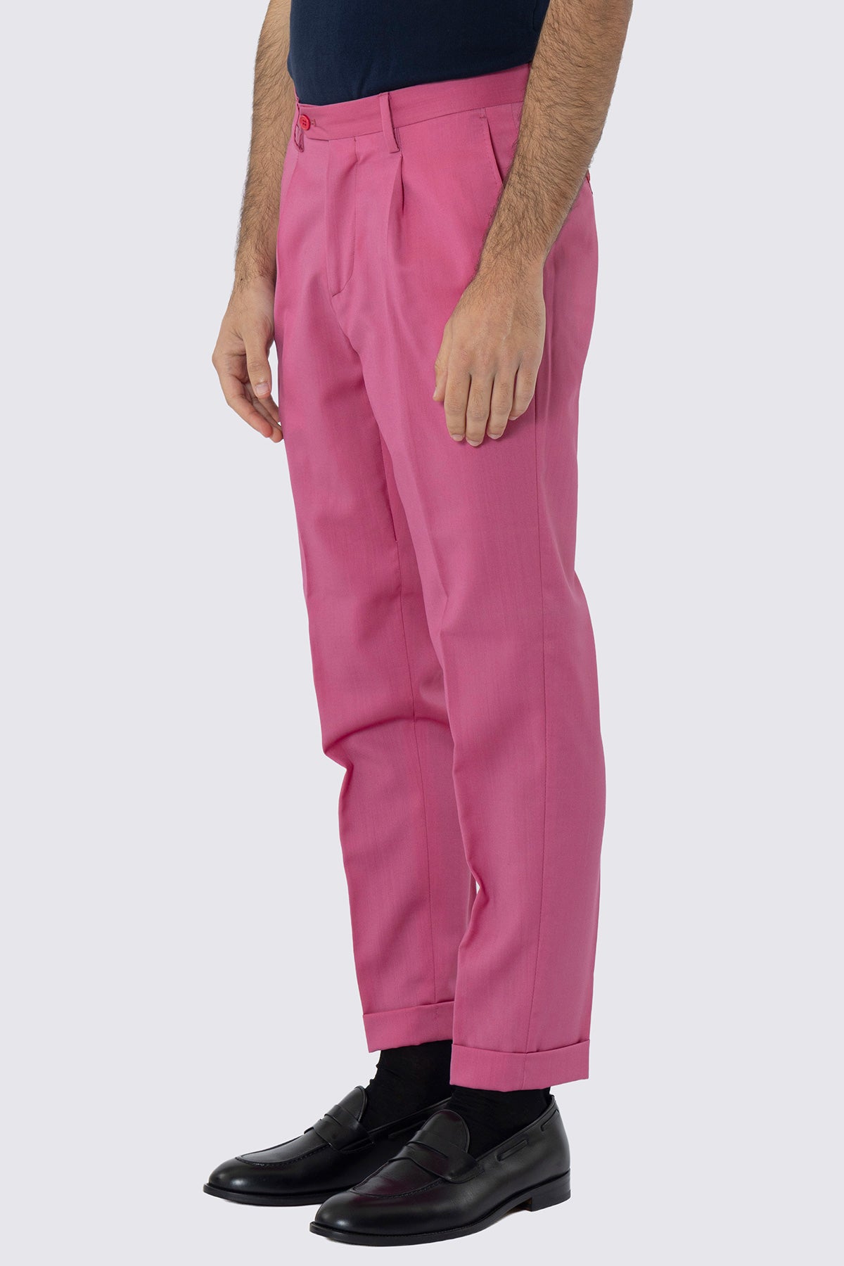 Pantalone uomo color fragola fresco lana super 130's Bristol Tessuti Napoli tasca america una pinces e risvolto di 4cm