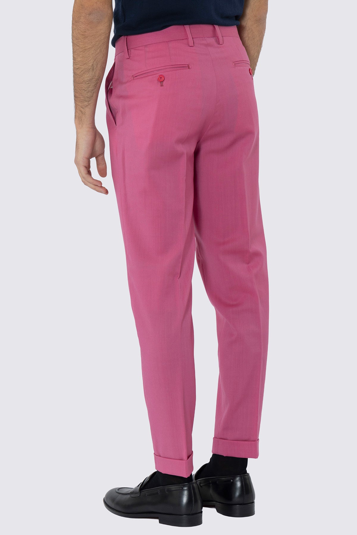 Pantalone uomo color fragola fresco lana super 130's Bristol Tessuti Napoli tasca america una pinces e risvolto di 4cm