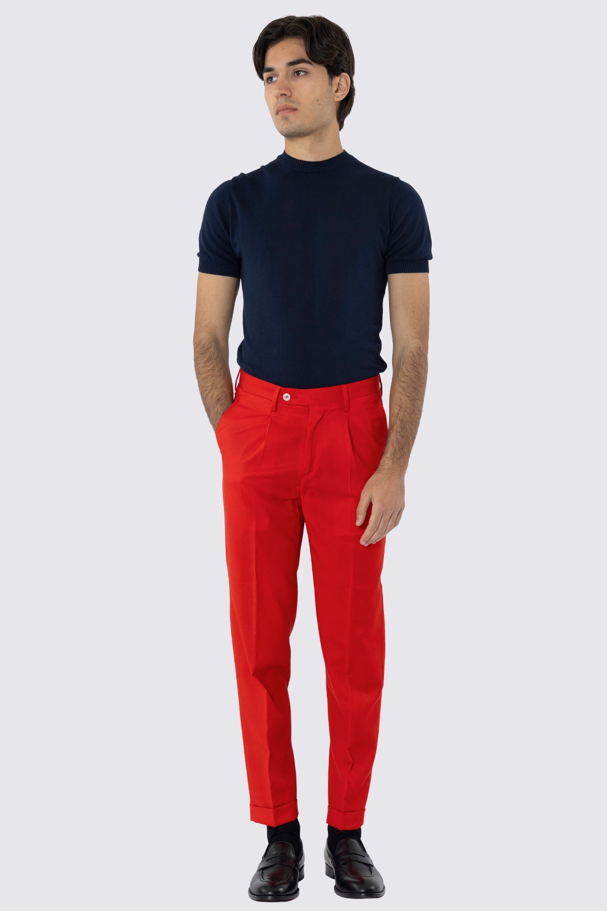 Pantalone uomo rosso fresco lana super 130's Bristol Tessuti Napoli tasca americauna pinces e risvolto di 4cm