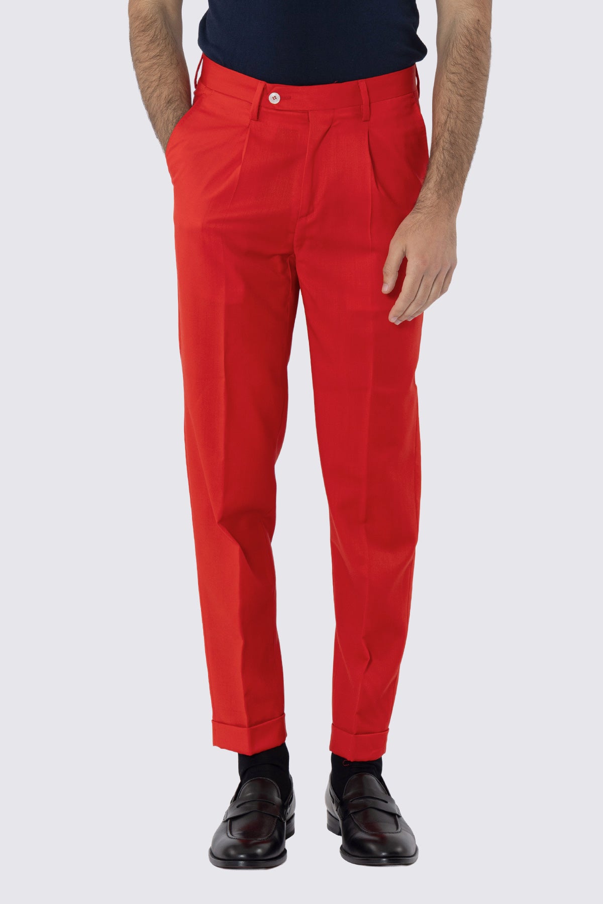 Pantalone uomo rosso fresco lana super 130's Bristol Tessuti Napoli tasca americauna pinces e risvolto di 4cm