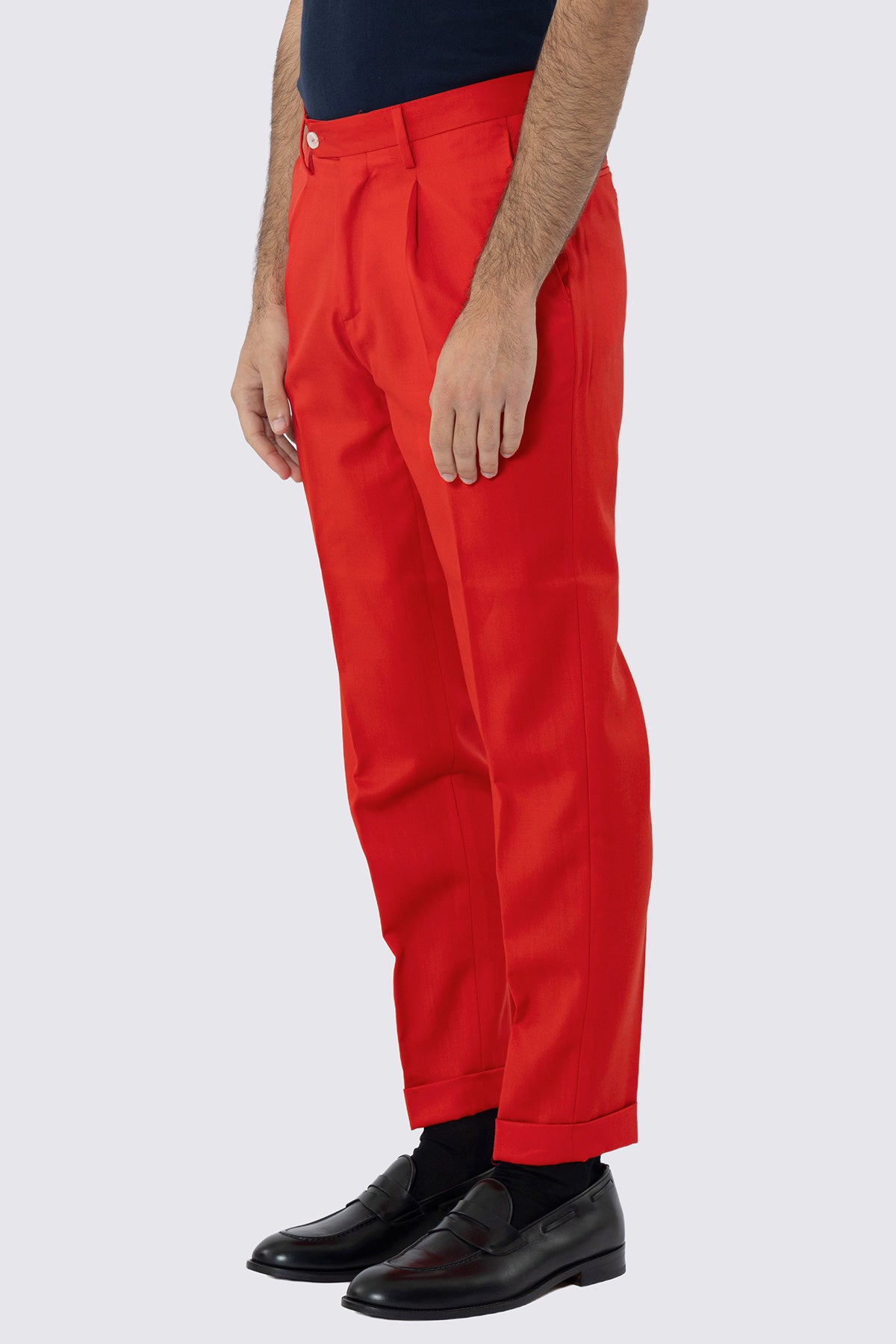 Pantalone uomo rosso fresco lana super 130's Bristol Tessuti Napoli tasca americauna pinces e risvolto di 4cm