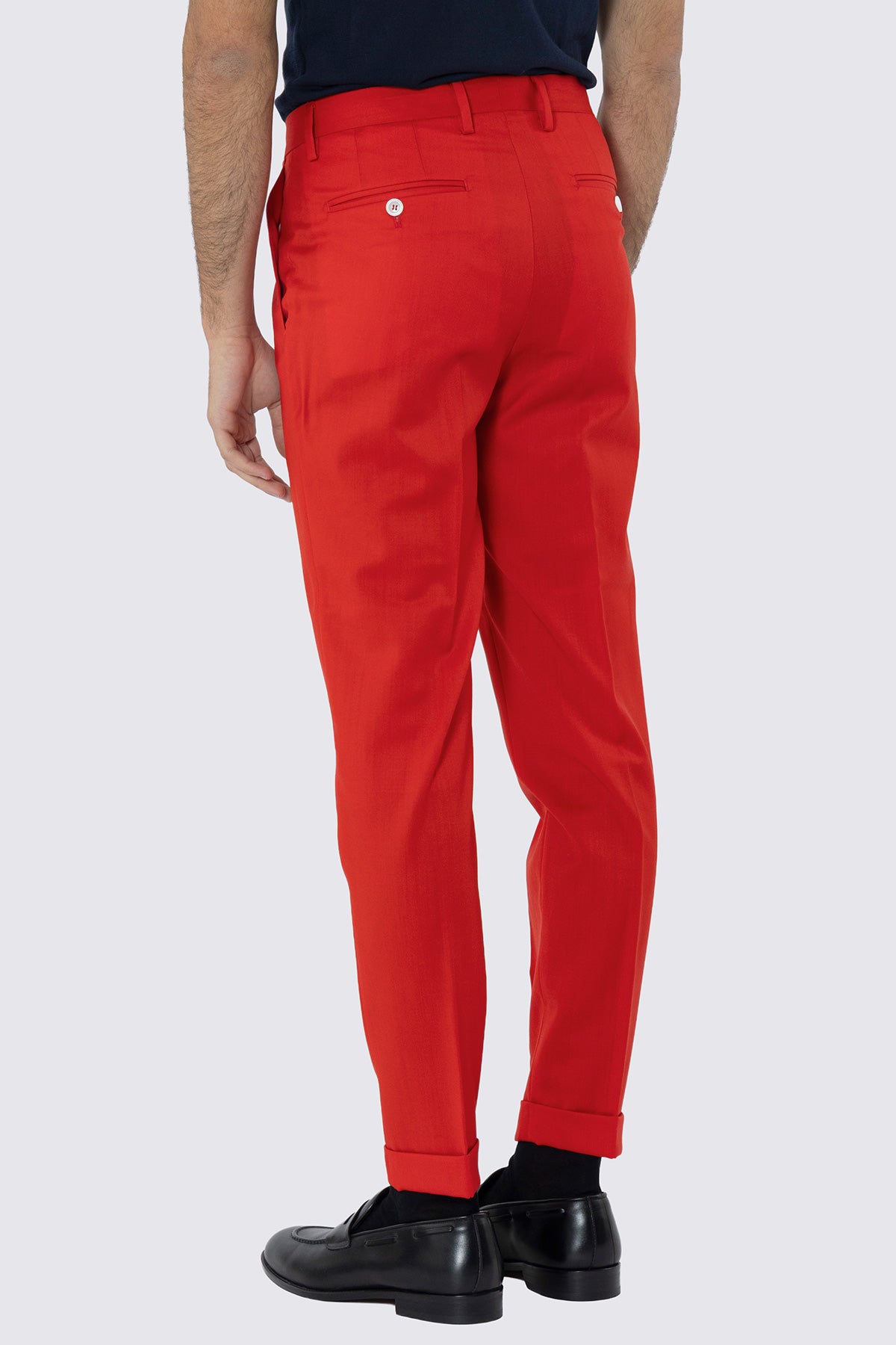 Pantalone uomo rosso fresco lana super 130's Bristol Tessuti Napoli tasca americauna pinces e risvolto di 4cm