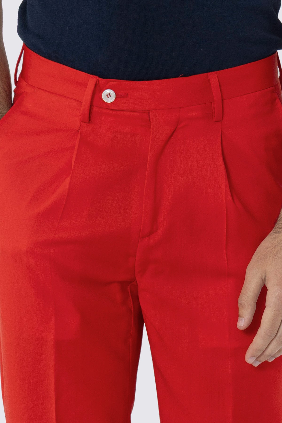 Pantalone uomo rosso fresco lana super 130's Bristol Tessuti Napoli tasca americauna pinces e risvolto di 4cm