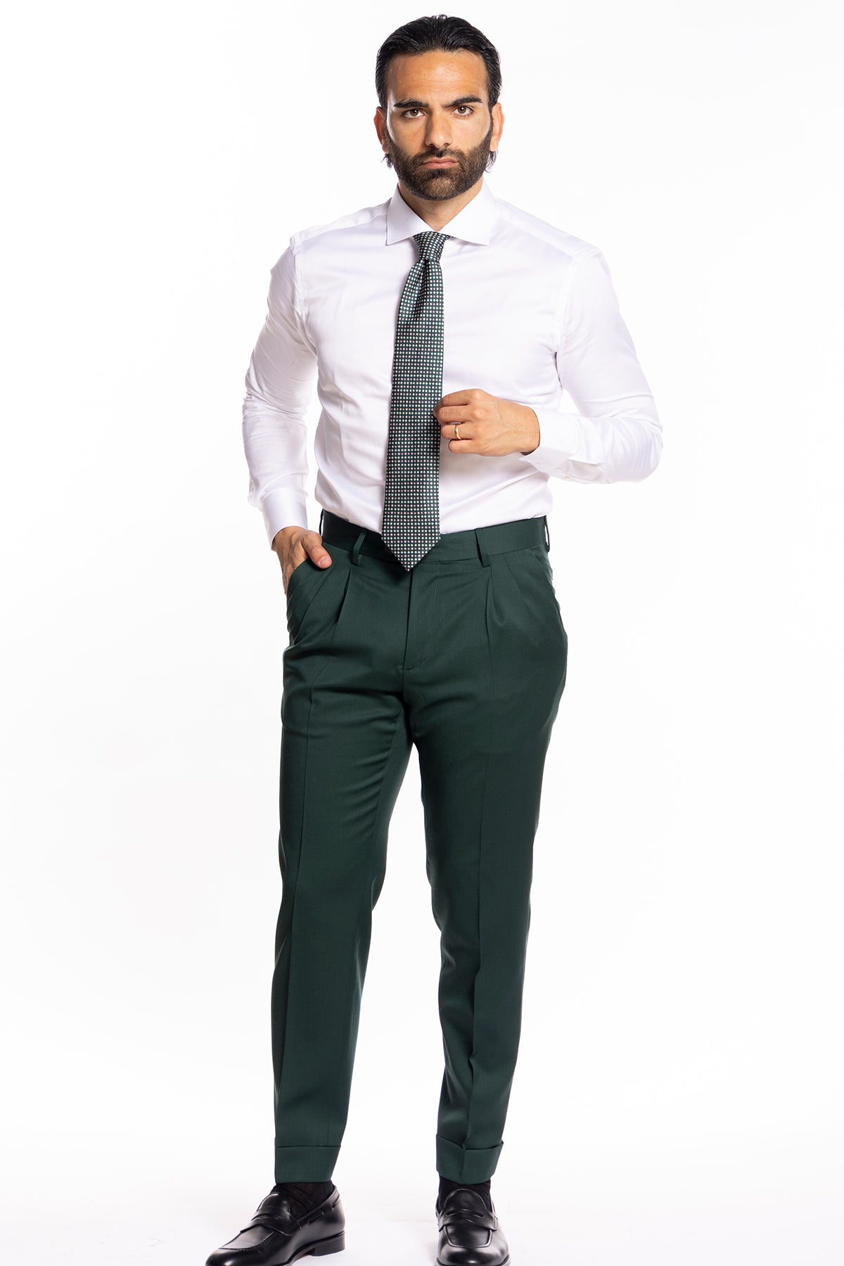 Pantalone uomo vita alta verde bottiglia fresco lana super 130's Bristol Tessuti con doppia pinces e risvolto 5 cm