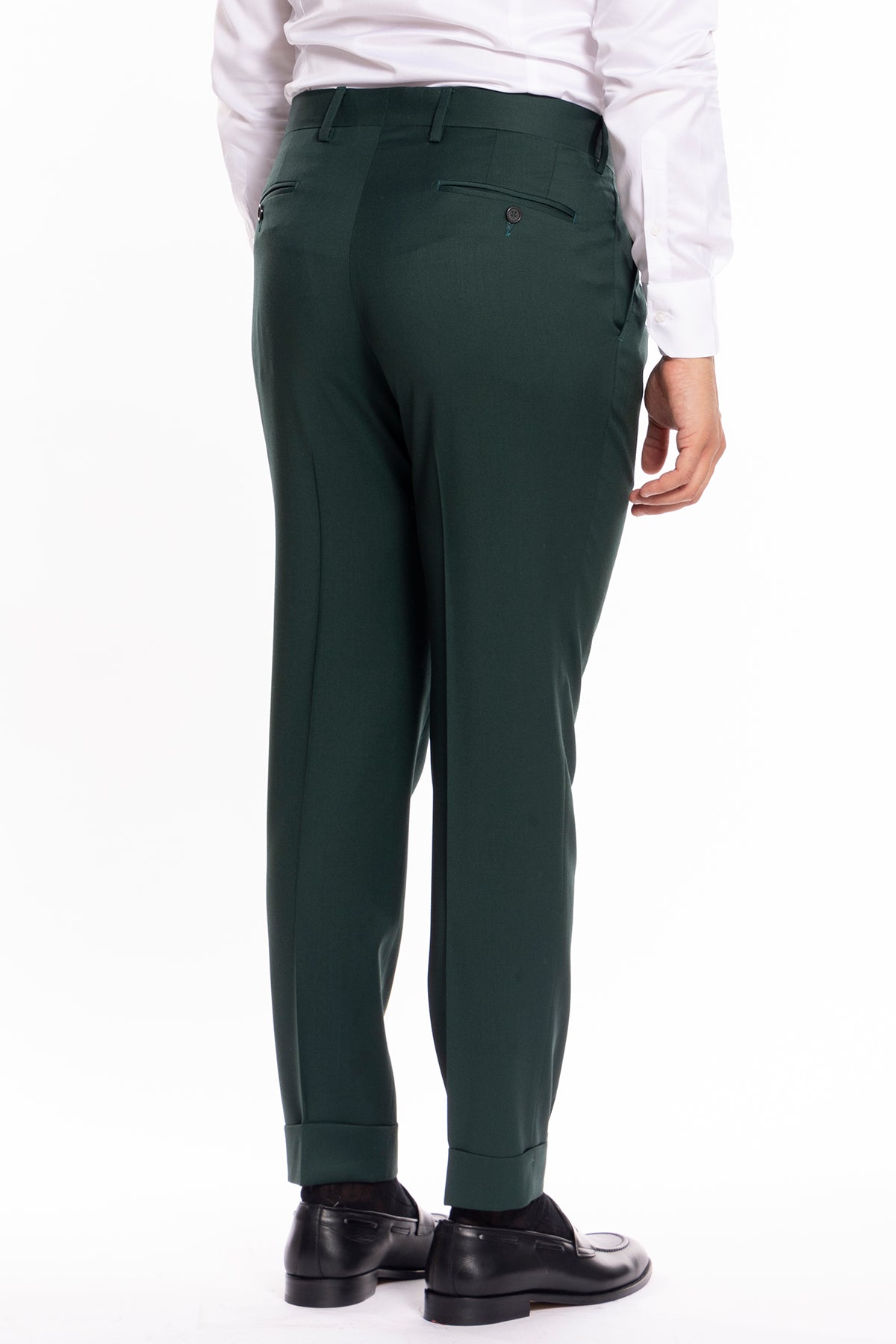 Pantalone uomo vita alta verde bottiglia fresco lana super 130's Bristol Tessuti con doppia pinces e risvolto 5 cm