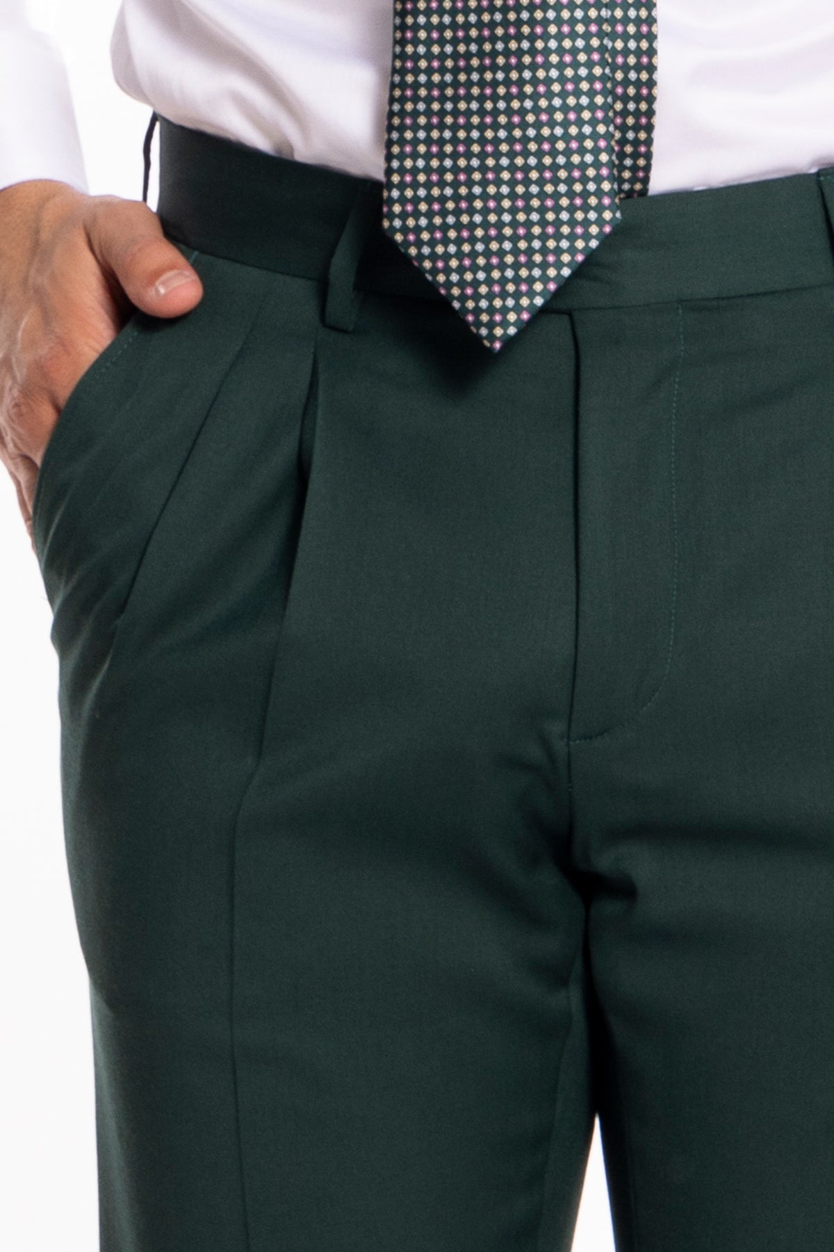Pantalone uomo vita alta verde bottiglia fresco lana super 130's Bristol Tessuti con doppia pinces e risvolto 5 cm