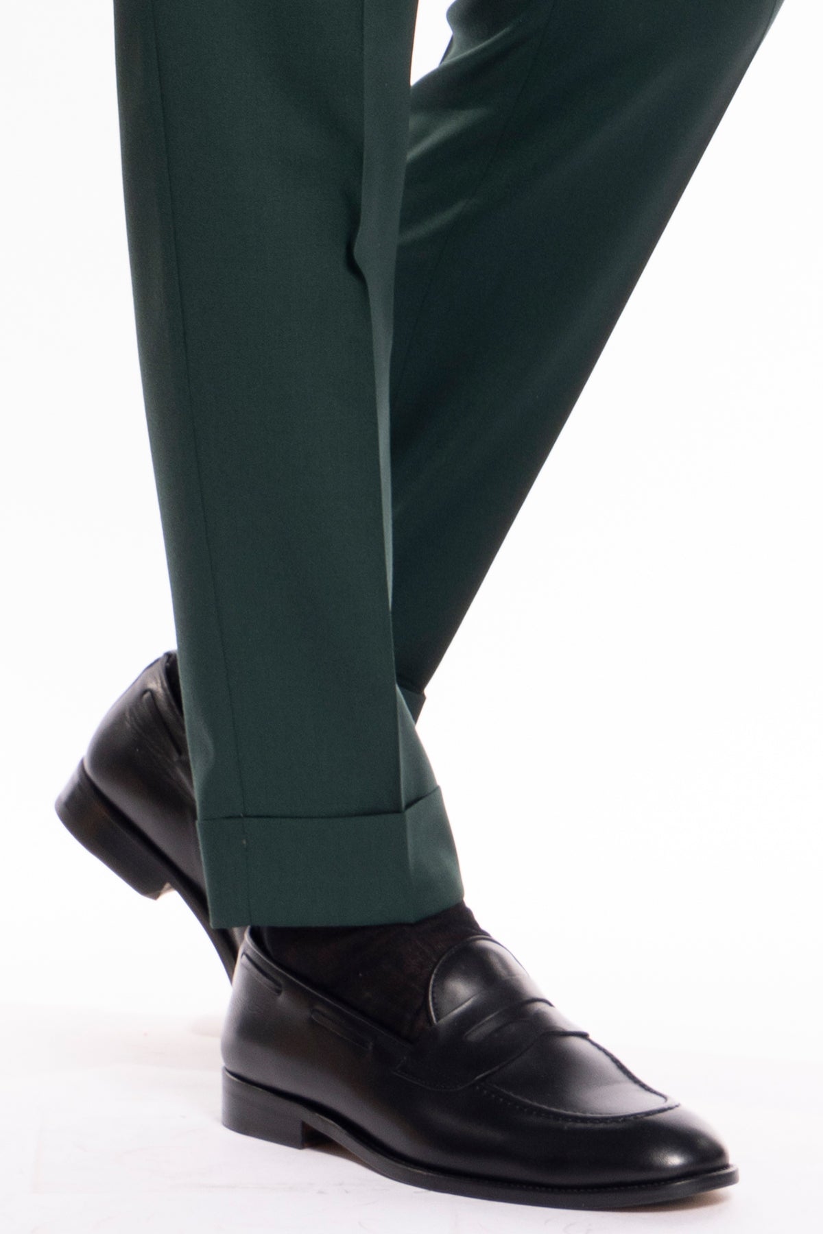 Pantalone uomo vita alta verde bottiglia fresco lana super 130's Bristol Tessuti con doppia pinces e risvolto 5 cm