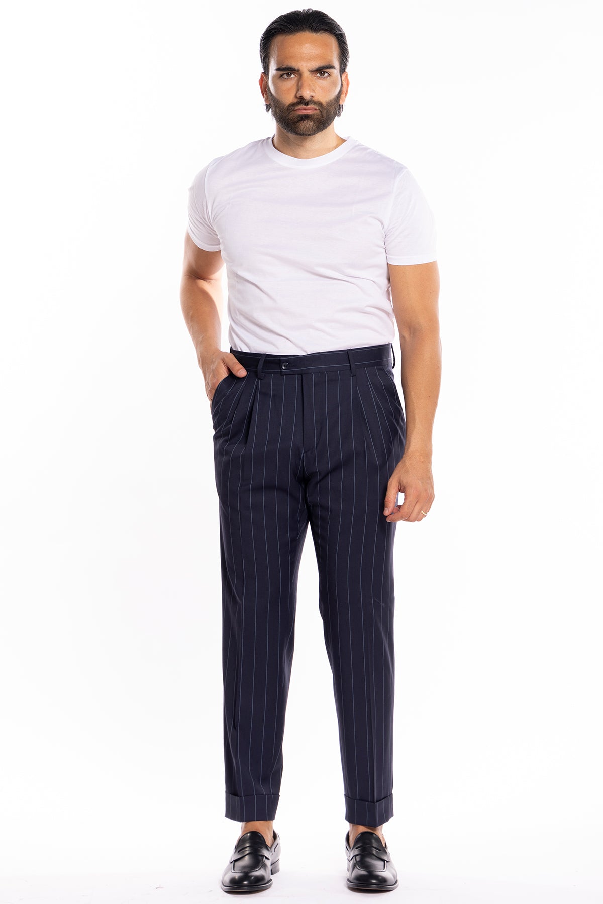 Pantalone uomo blu gessato celeste in fresco lana super 130's Bristol tessuti Napoli vita alta