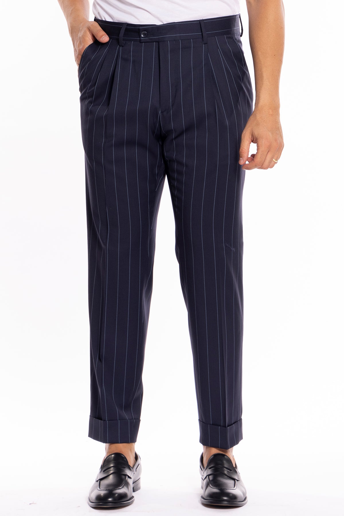 Pantalone uomo blu gessato celeste in fresco lana super 130's Bristol tessuti Napoli vita alta