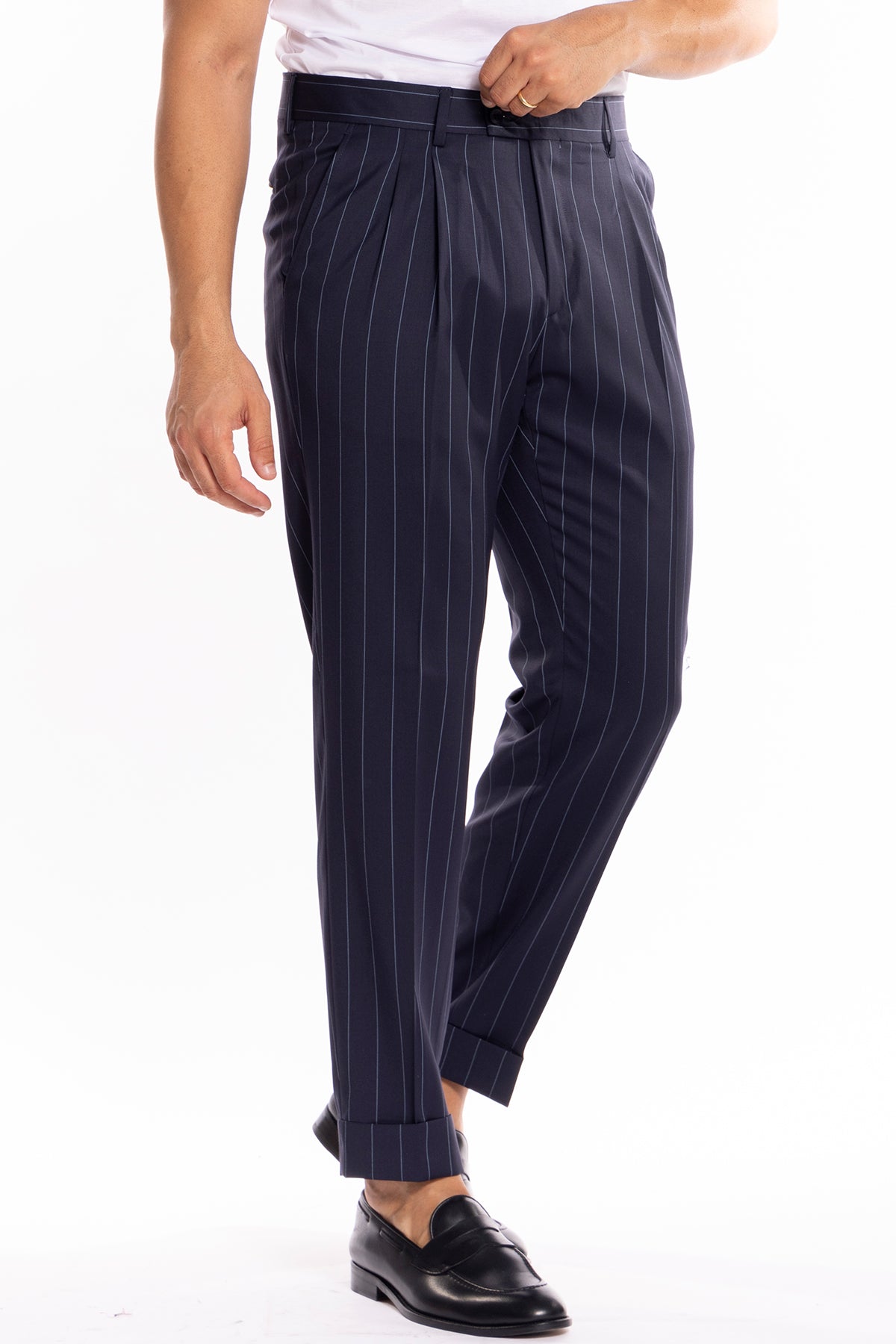 Pantalone uomo blu gessato celeste in fresco lana super 130's Bristol tessuti Napoli vita alta