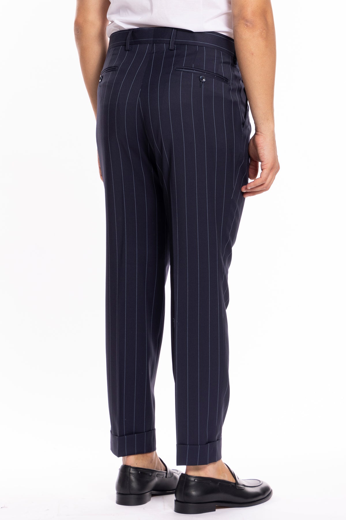 Pantalone uomo blu gessato celeste in fresco lana super 130's Bristol tessuti Napoli vita alta