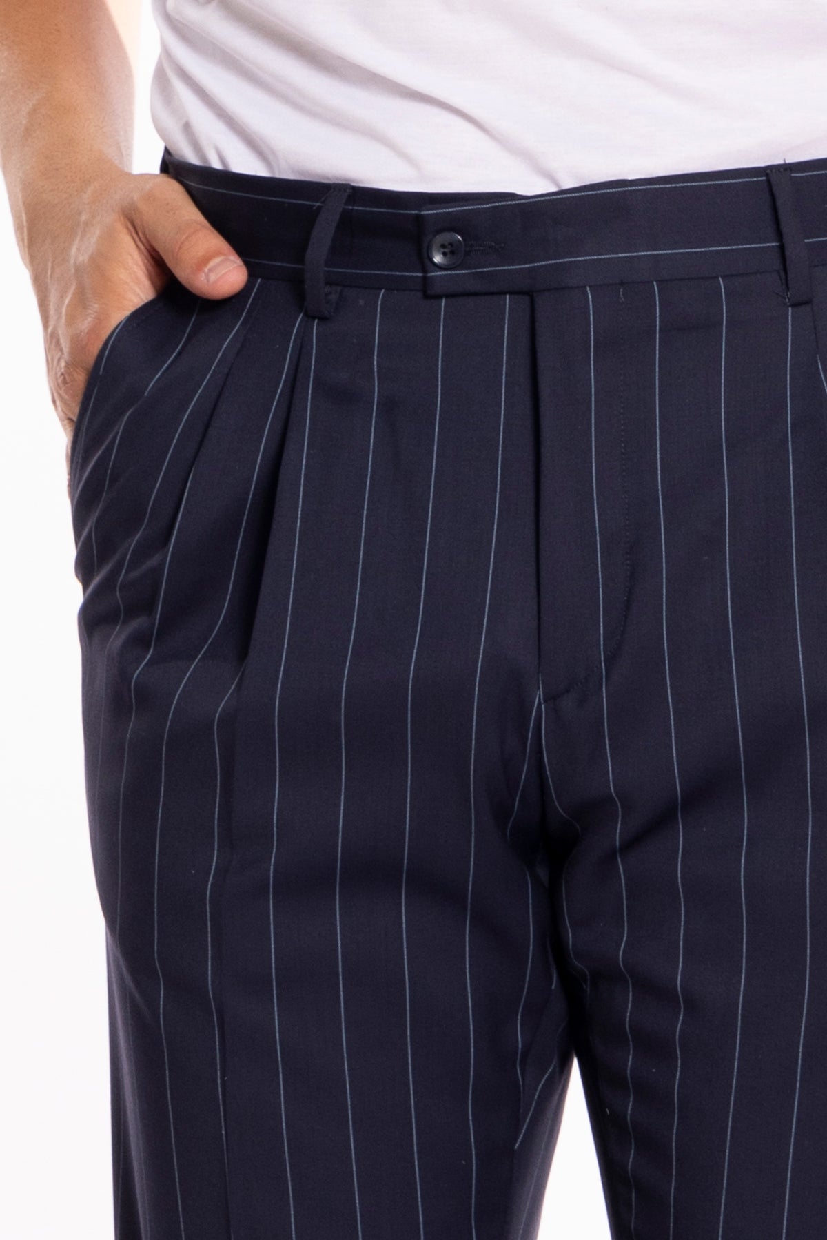 Pantalone uomo blu gessato celeste in fresco lana super 130's Bristol tessuti Napoli vita alta