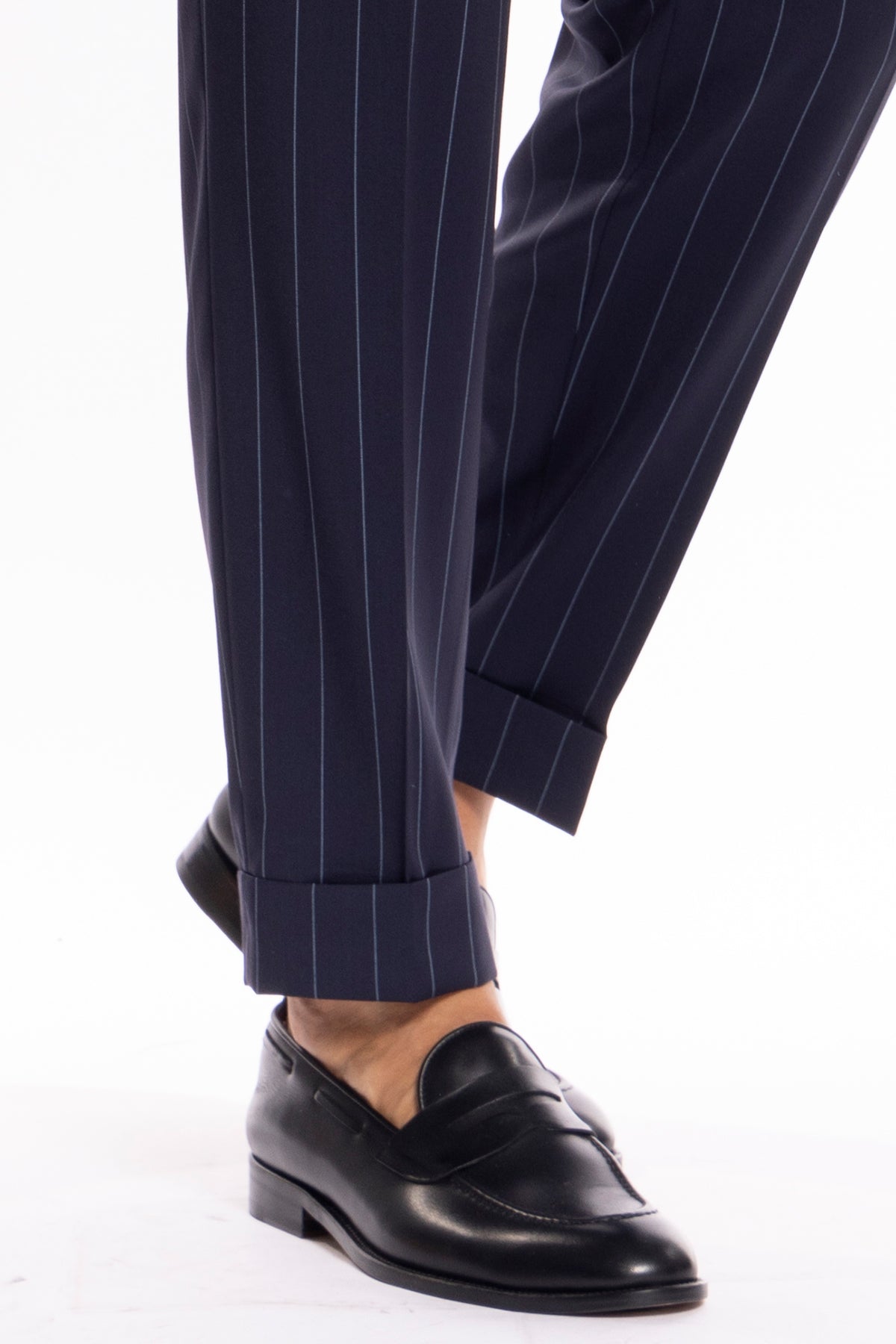 Pantalone uomo blu gessato celeste in fresco lana super 130's Bristol tessuti Napoli vita alta