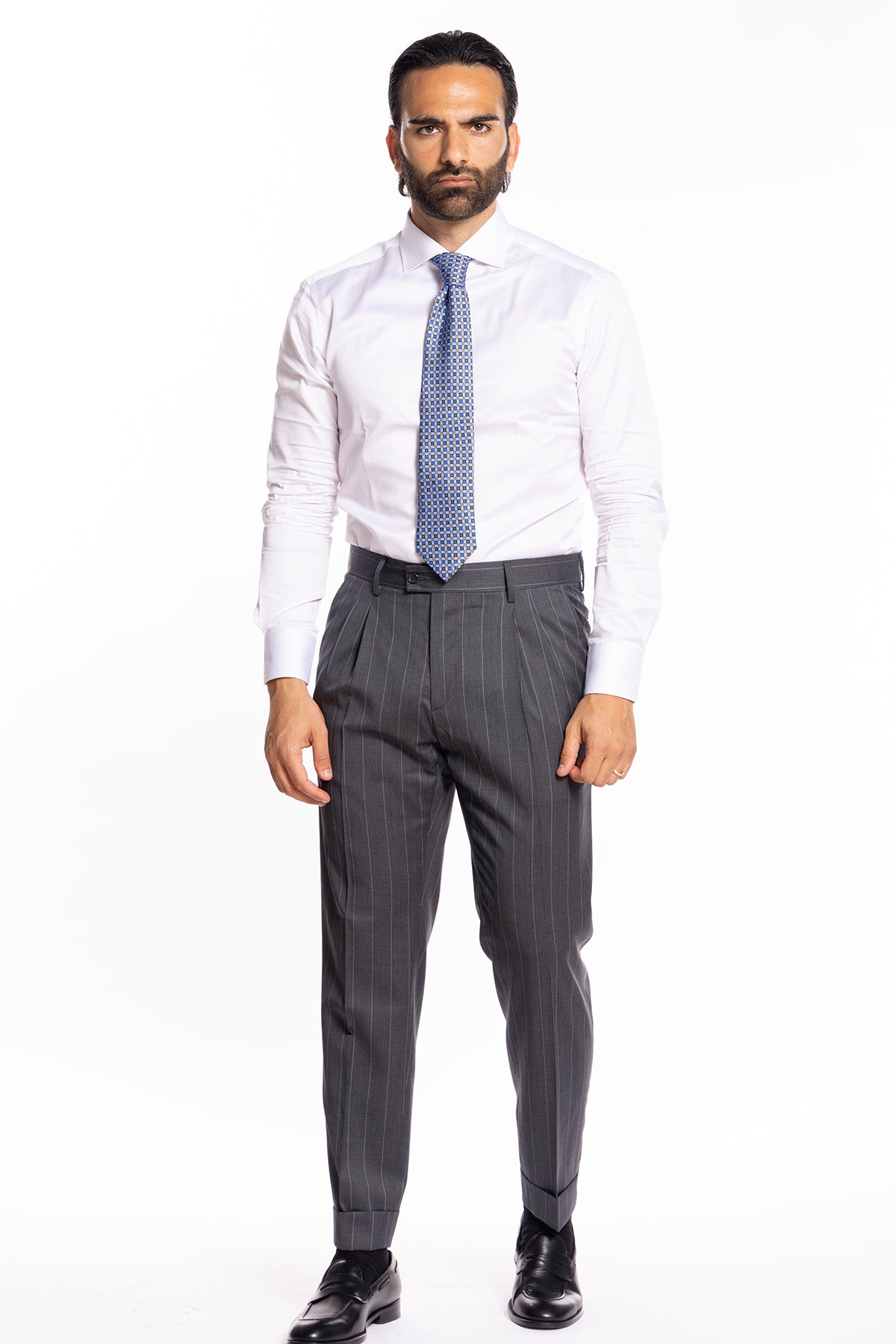 Pantalone uomo vita alta grigio gessato con riga celeste fresco lana super 130's Bristol Tessuti Napoli con doppia pinces