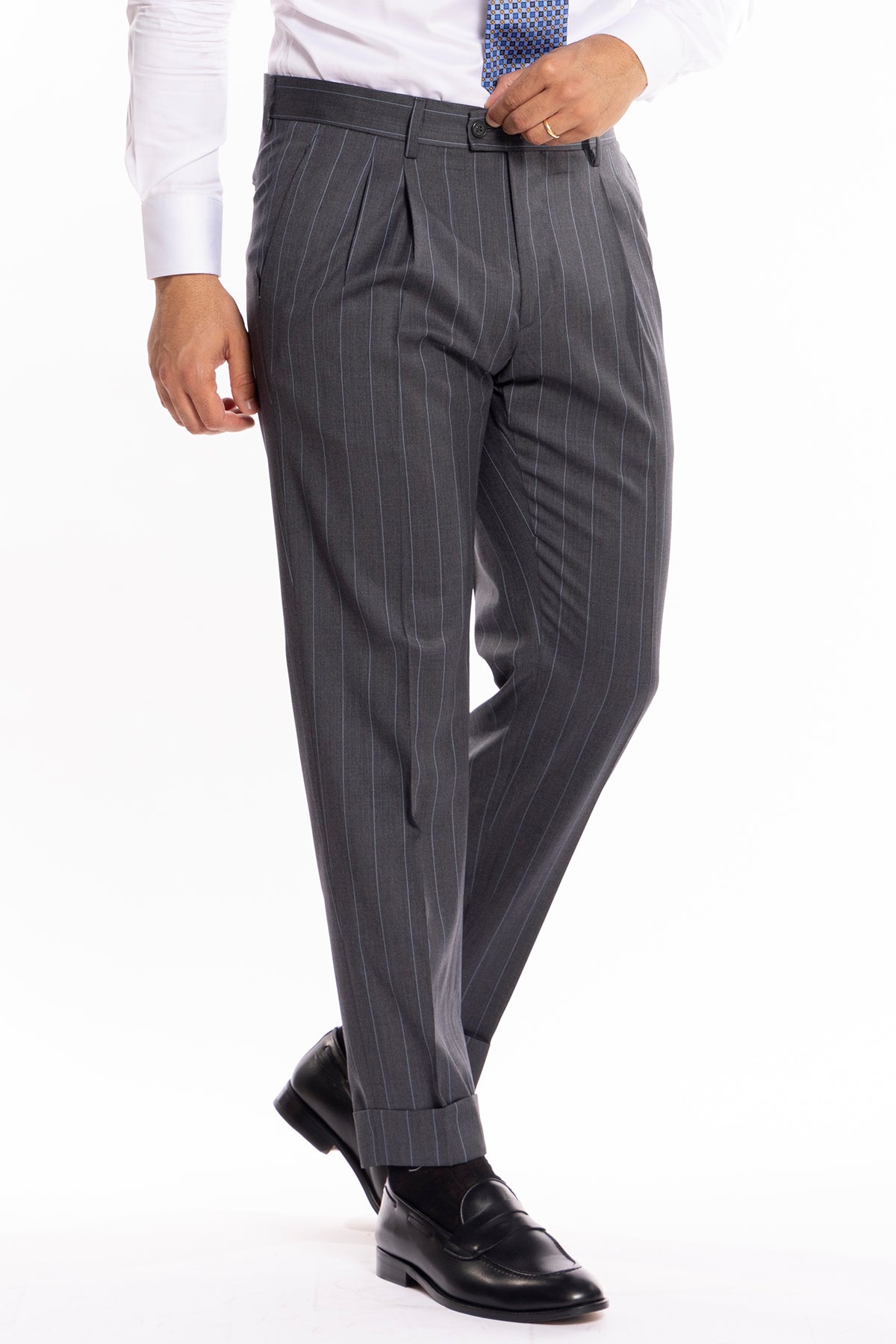 Pantalone uomo vita alta grigio gessato con riga celeste fresco lana super 130's Bristol Tessuti Napoli con doppia pinces