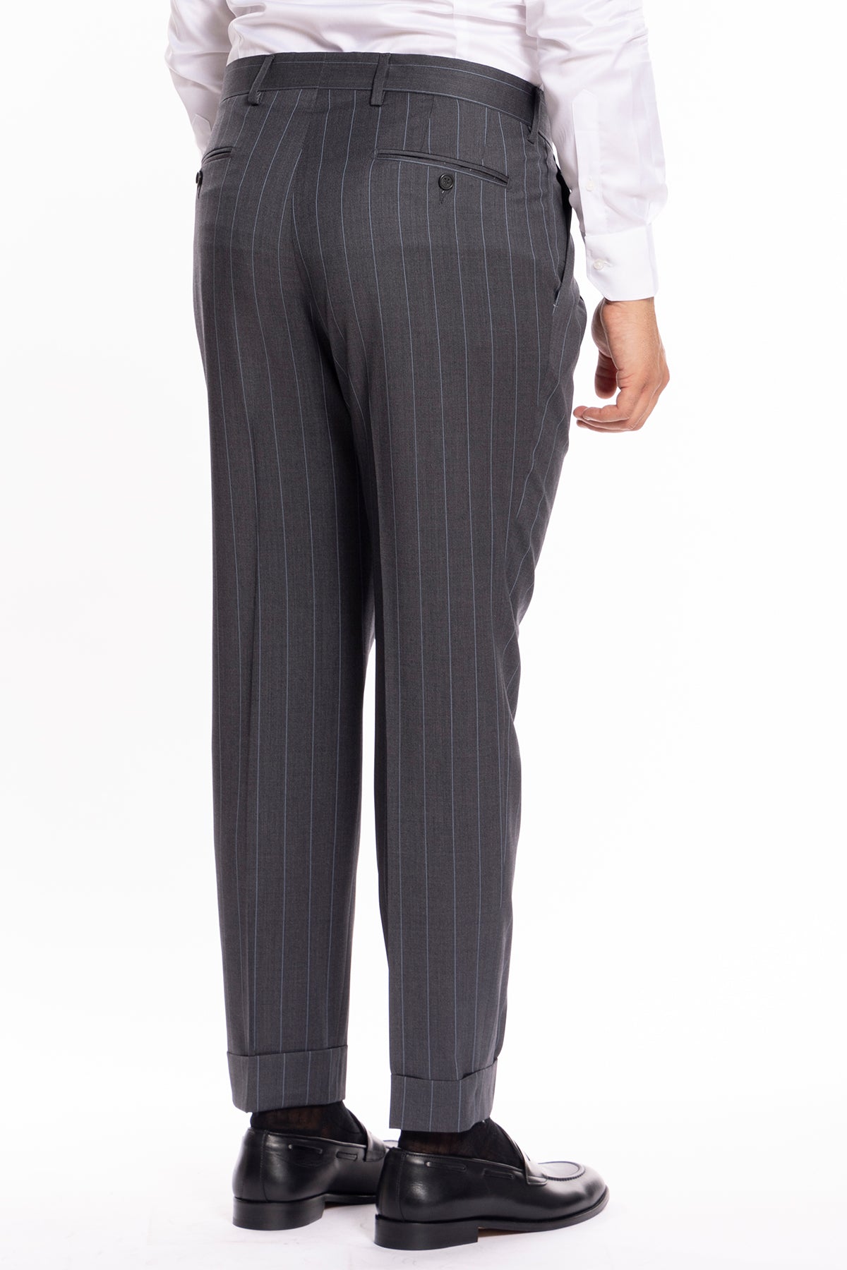 Pantalone uomo vita alta grigio gessato con riga celeste fresco lana super 130's Bristol Tessuti Napoli con doppia pinces