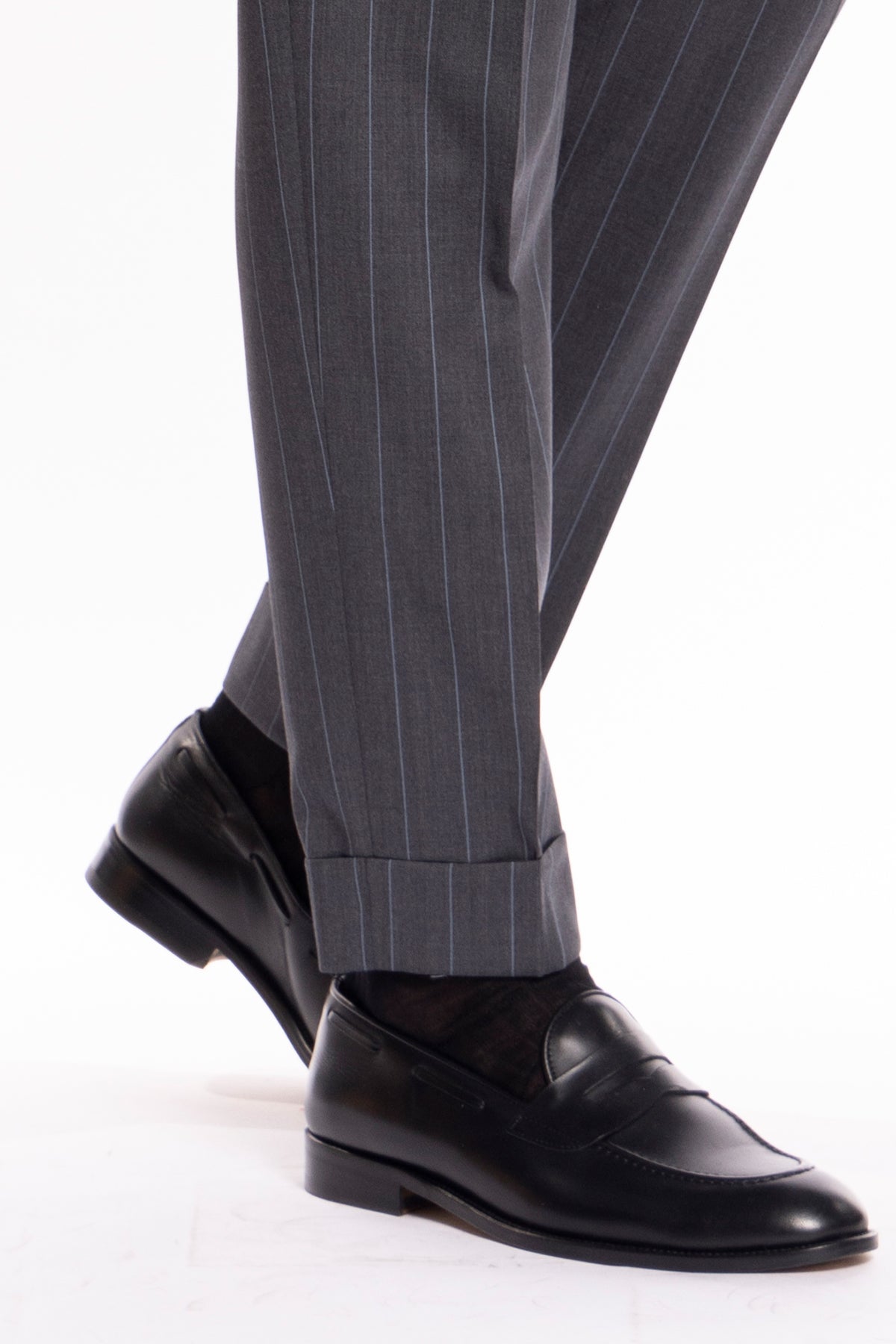 Pantalone uomo vita alta grigio gessato con riga celeste fresco lana super 130's Bristol Tessuti Napoli con doppia pinces