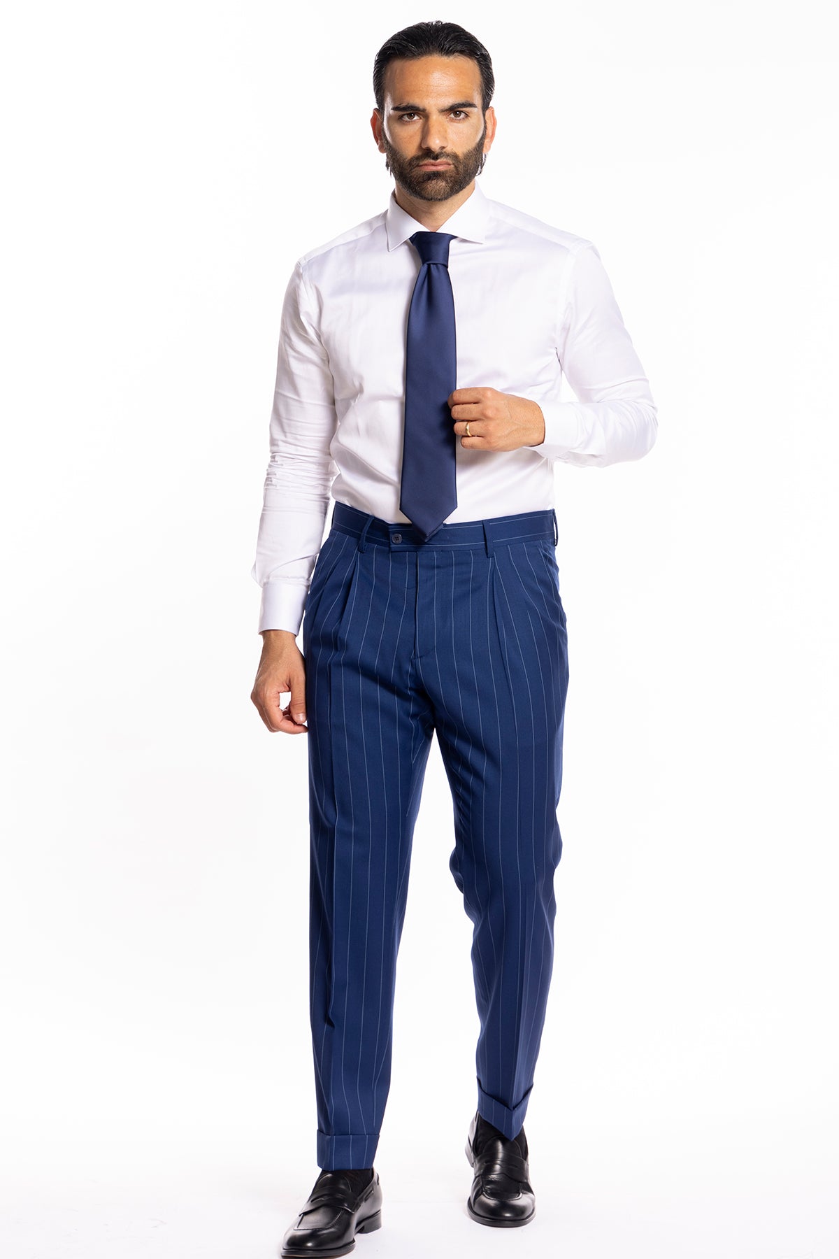 Pantalone uomo royal blu gessato con riga celeste fresco lana super 130's Bristol Tessuti Napoli tasca america con doppia pinces e risvolto di 5cm