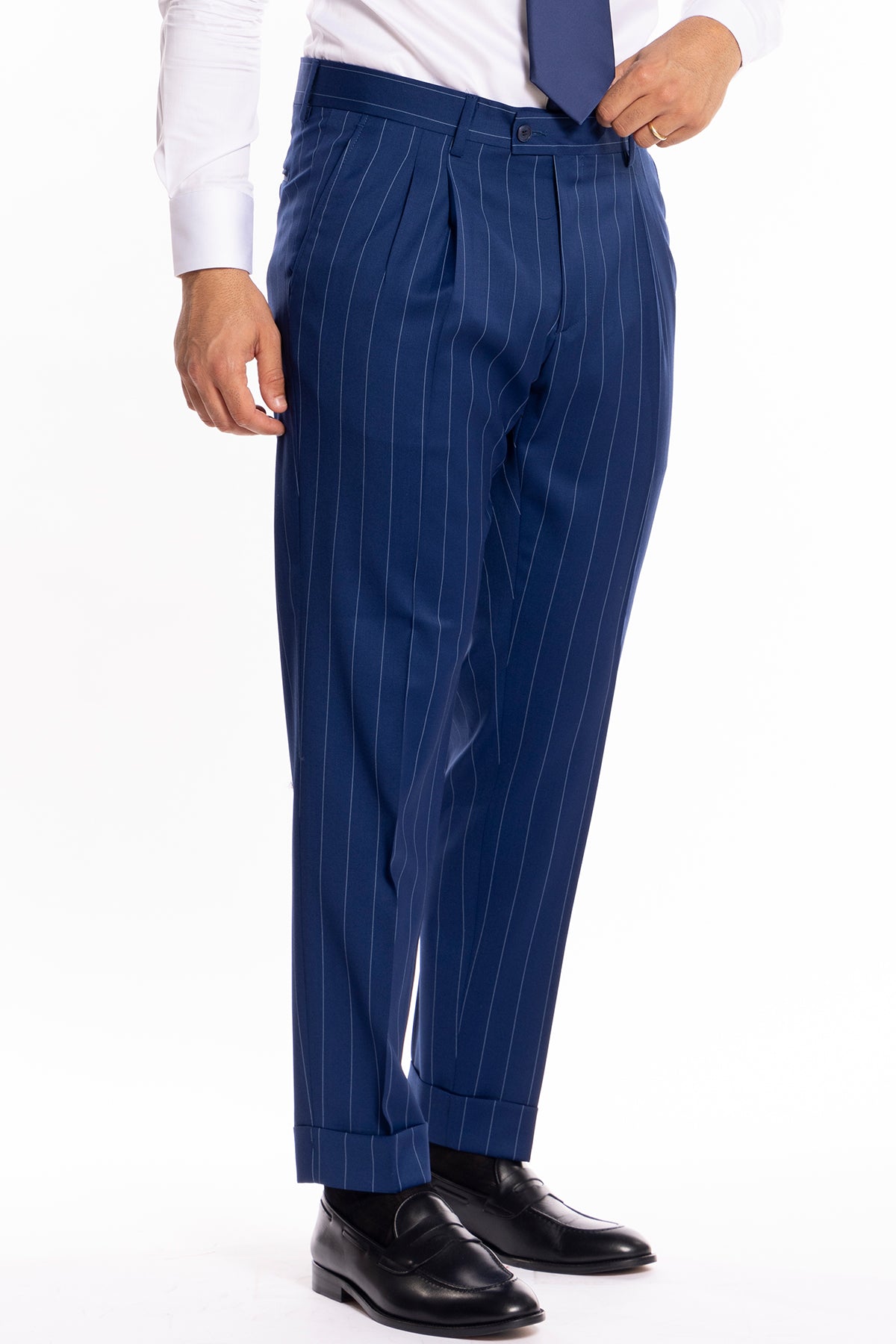 Pantalone uomo royal blu gessato con riga celeste fresco lana super 130's Bristol Tessuti Napoli tasca america con doppia pinces e risvolto di 5cm