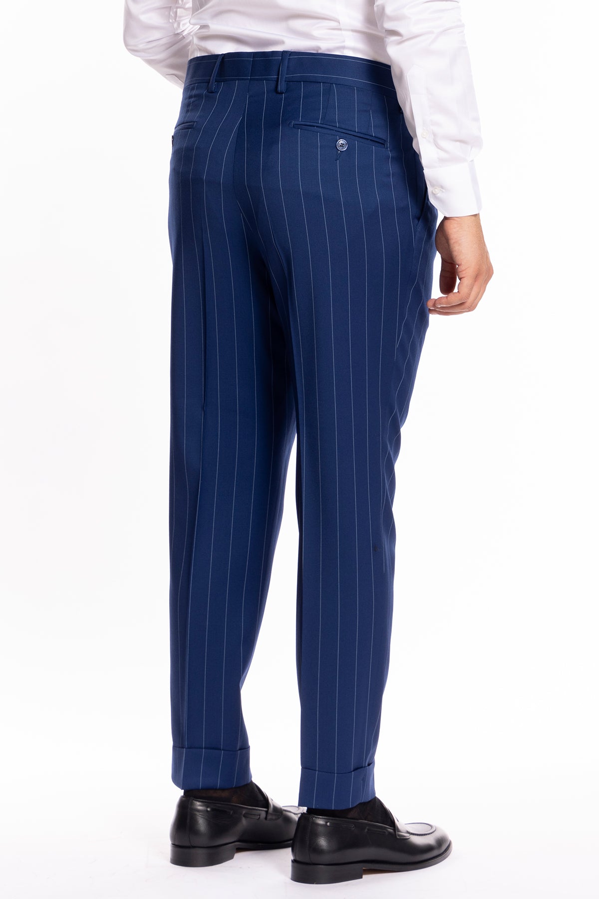 Pantalone uomo royal blu gessato con riga celeste fresco lana super 130's Bristol Tessuti Napoli tasca america con doppia pinces e risvolto di 5cm