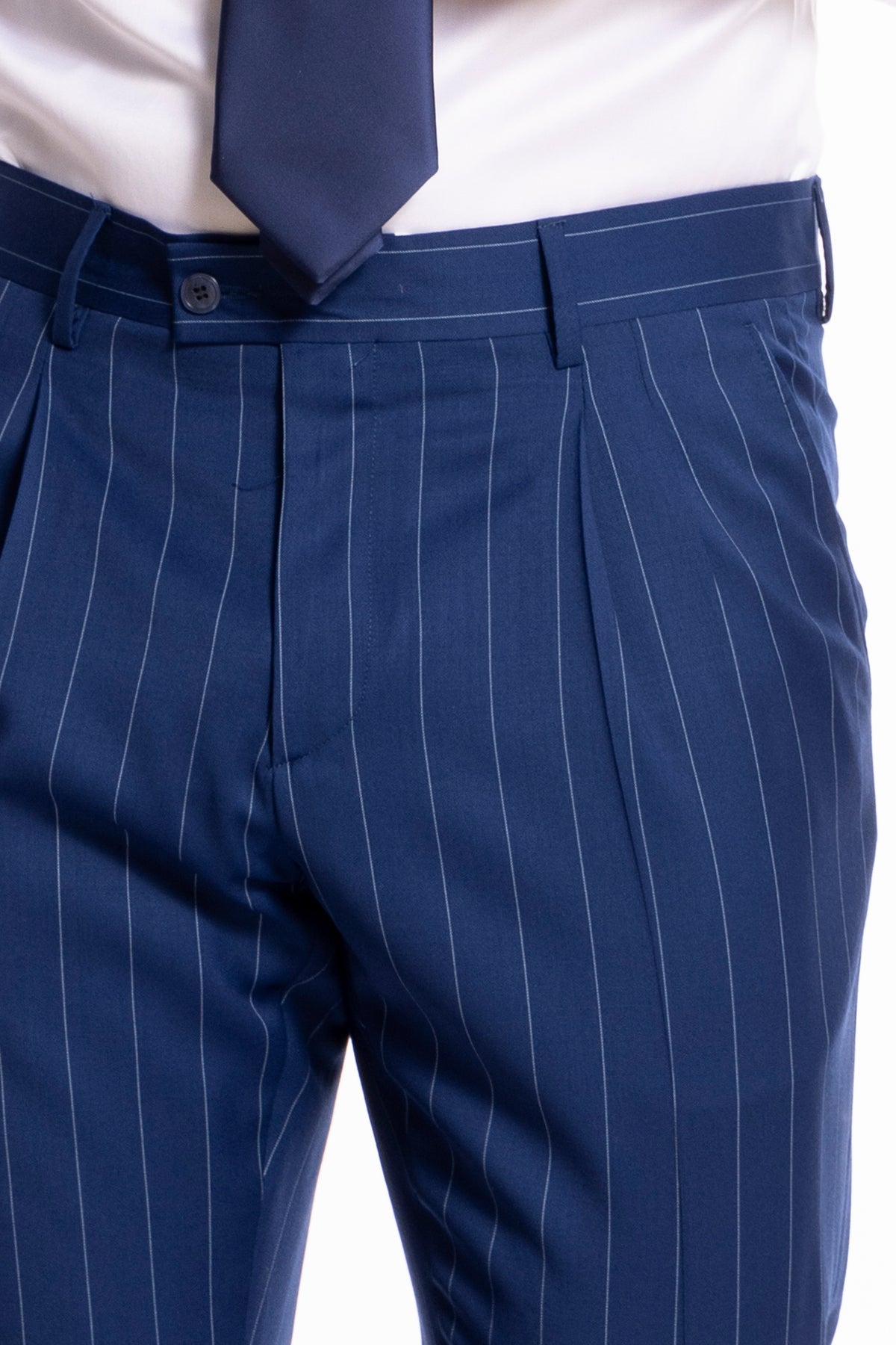 Pantalone uomo royal blu gessato con riga celeste fresco lana super 130's Bristol Tessuti Napoli tasca america con doppia pinces e risvolto di 5cm