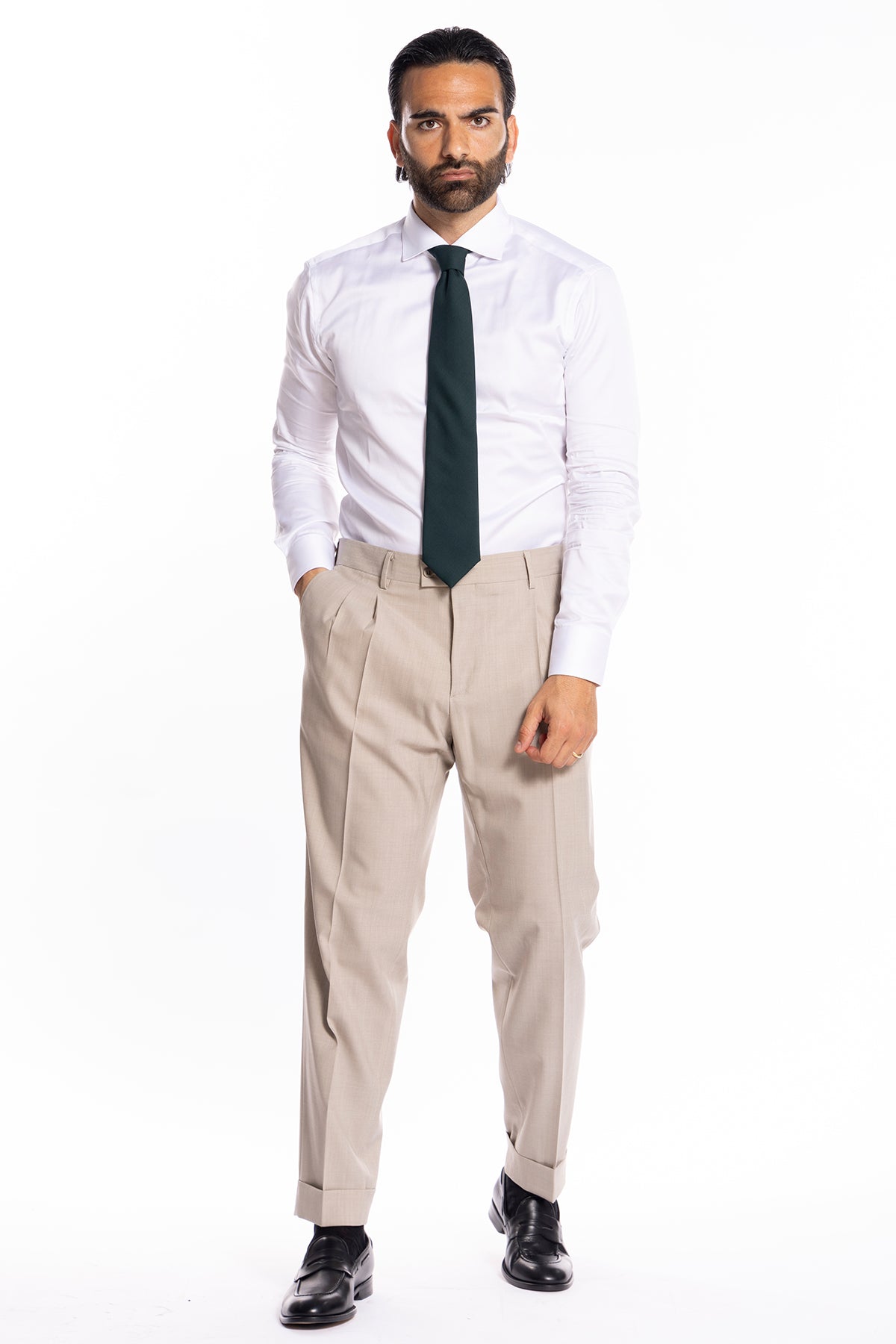 Pantalone uomo Beige fresco lana mista tasca america con doppia pinces e risvolto di 5cm
