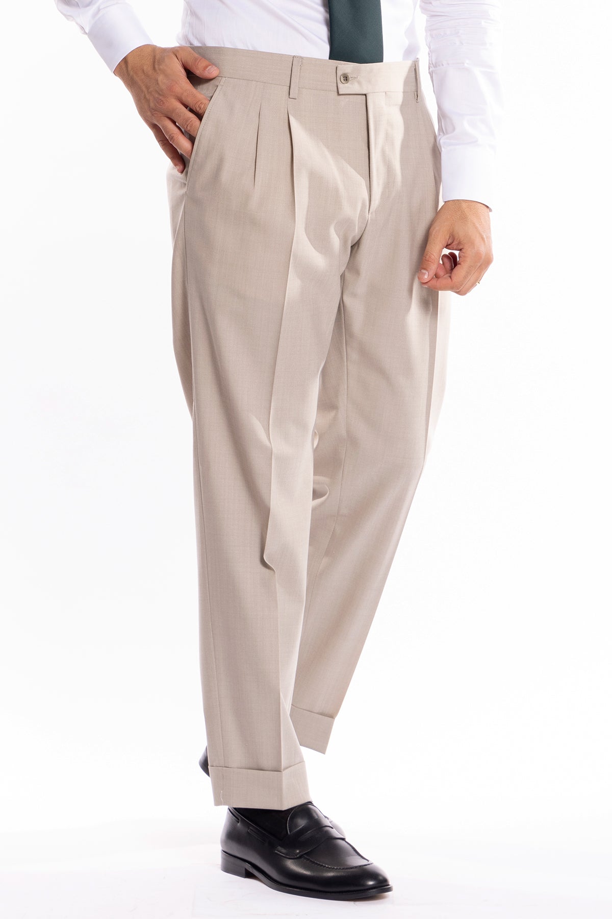 Pantalone uomo Beige fresco lana mista tasca america con doppia pinces e risvolto di 5cm
