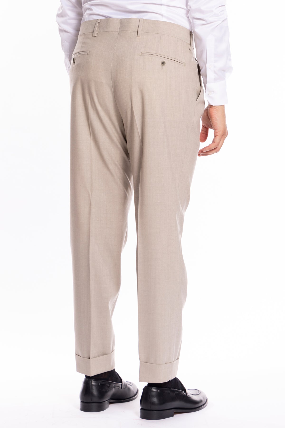 Pantalone uomo Beige fresco lana mista tasca america con doppia pinces e risvolto di 5cm