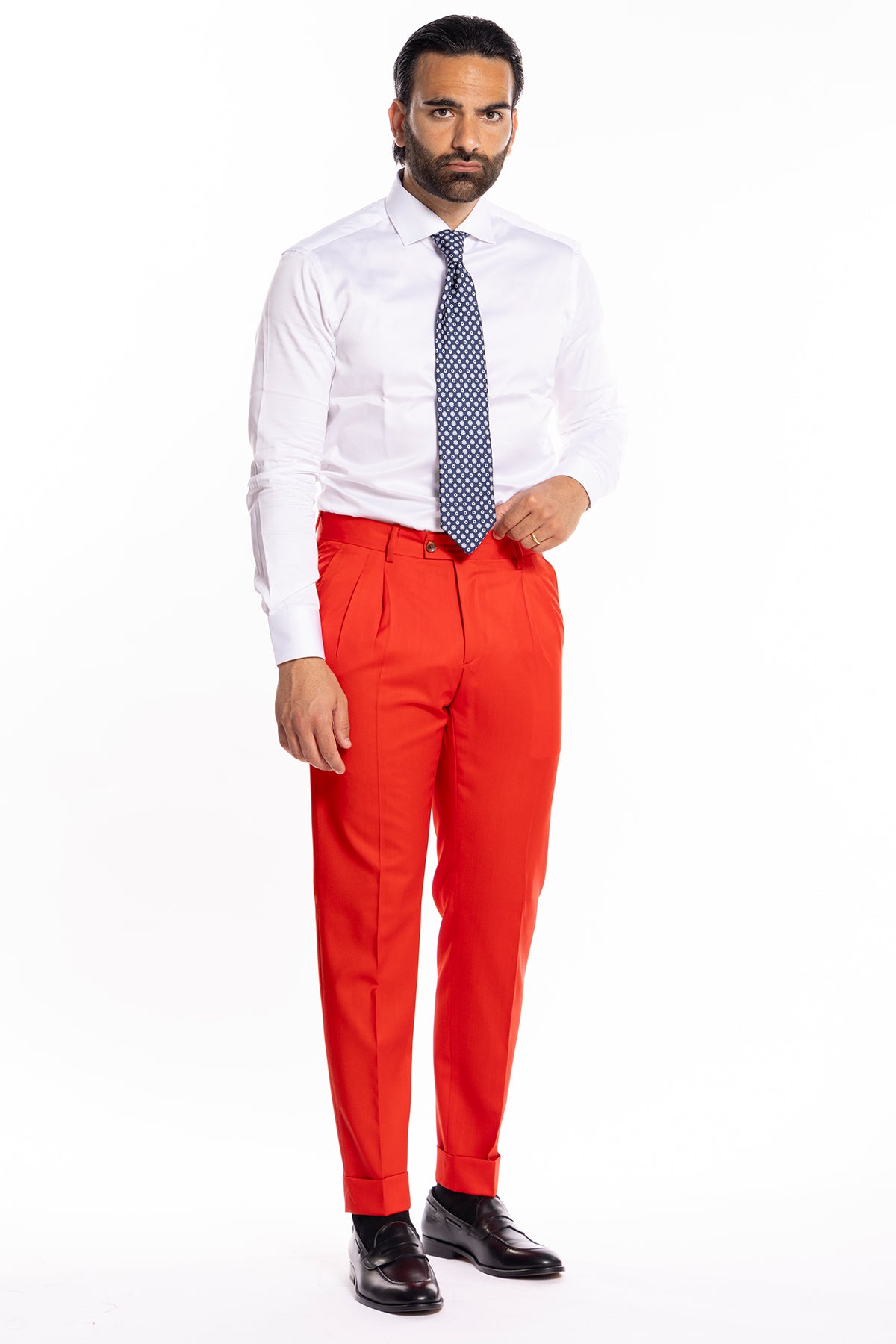 Pantalone uomo rosso vita alta in fresco lana super 130's Bristol Tessuti Napoli tasca america doppia pinces e risvolto di 5cm