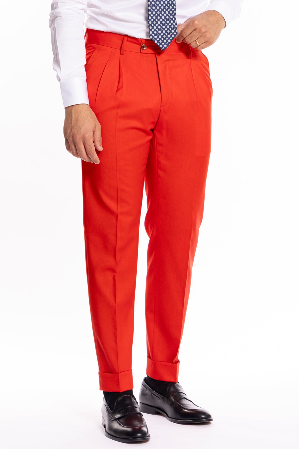 Pantalone uomo rosso vita alta in fresco lana super 130's Bristol Tessuti Napoli tasca america doppia pinces e risvolto di 5cm