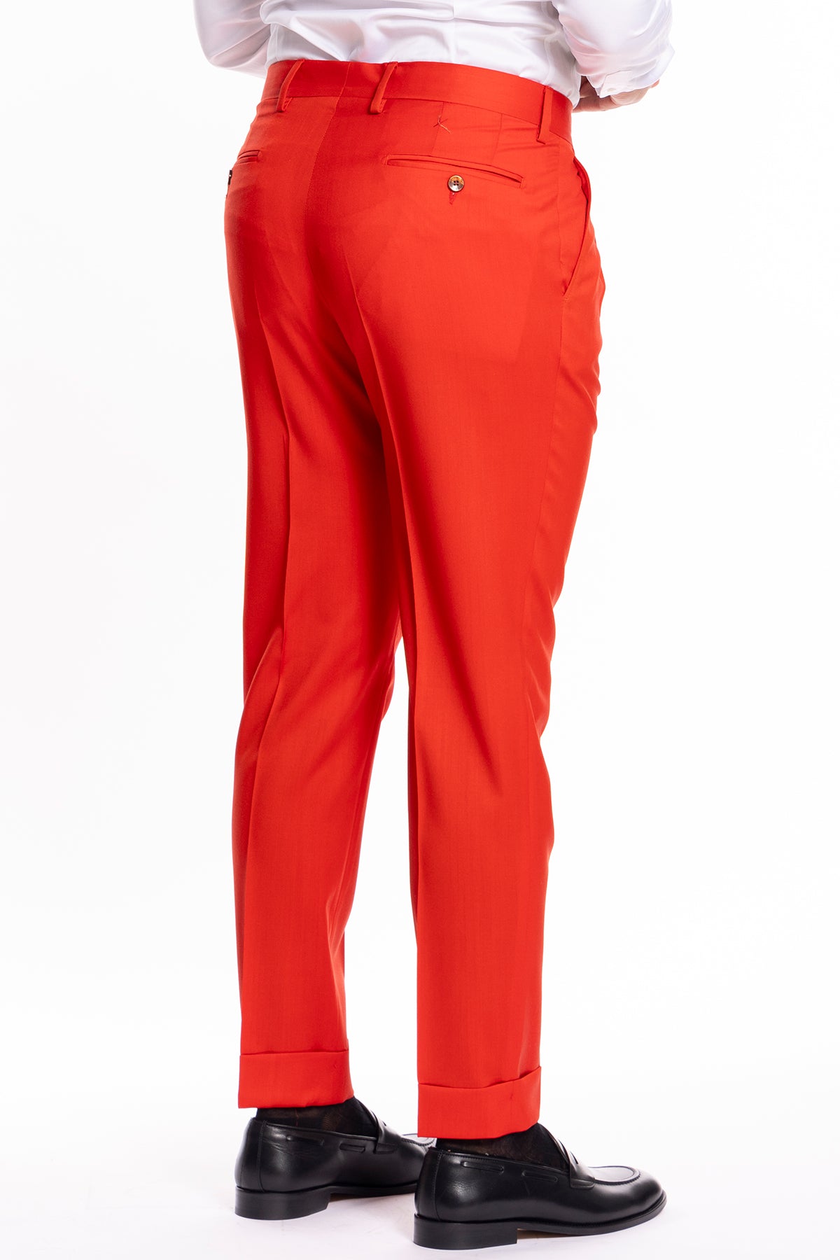 Pantalone uomo rosso vita alta in fresco lana super 130's Bristol Tessuti Napoli tasca america doppia pinces e risvolto di 5cm