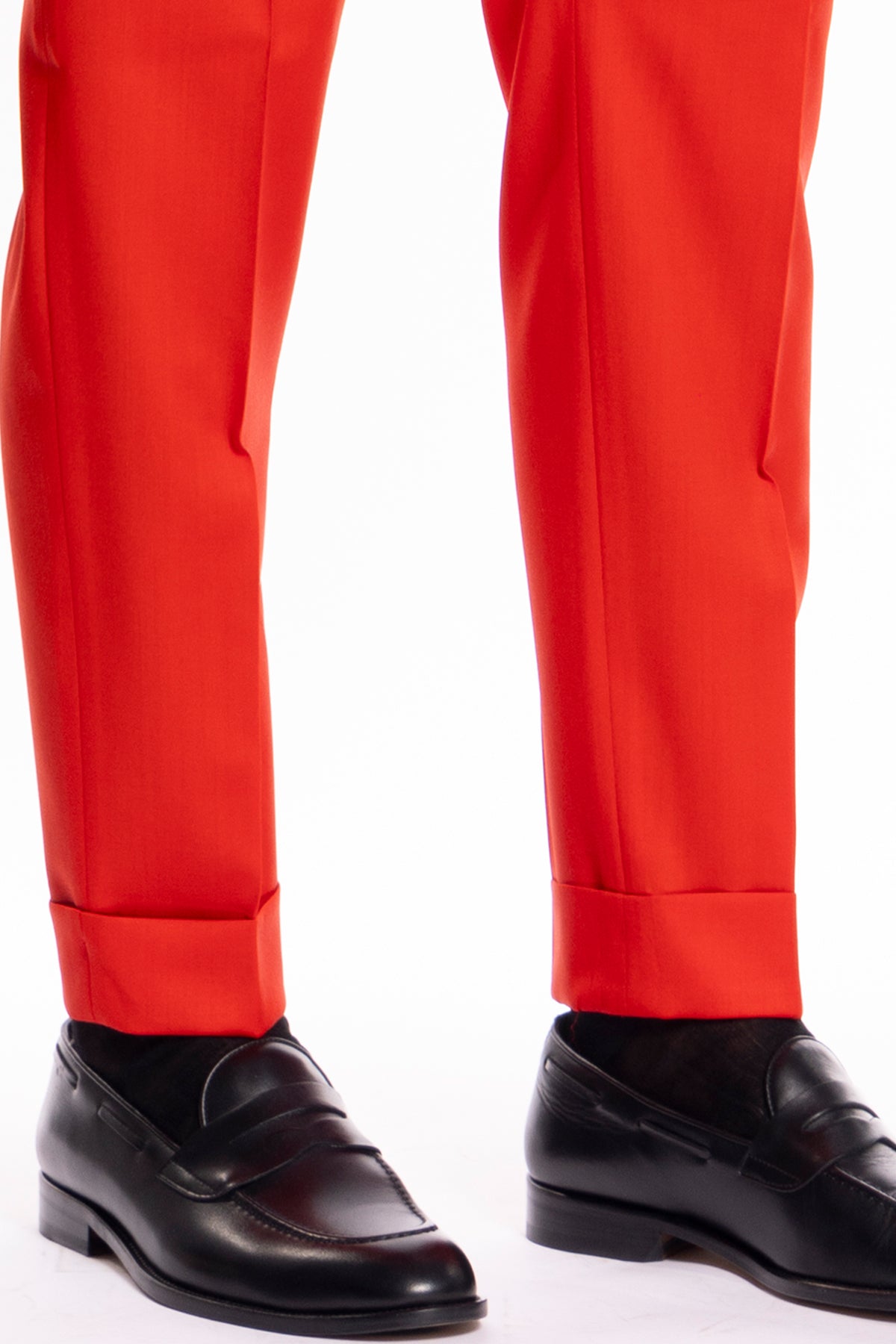 Pantalone uomo rosso vita alta in fresco lana super 130's Bristol Tessuti Napoli tasca america doppia pinces e risvolto di 5cm