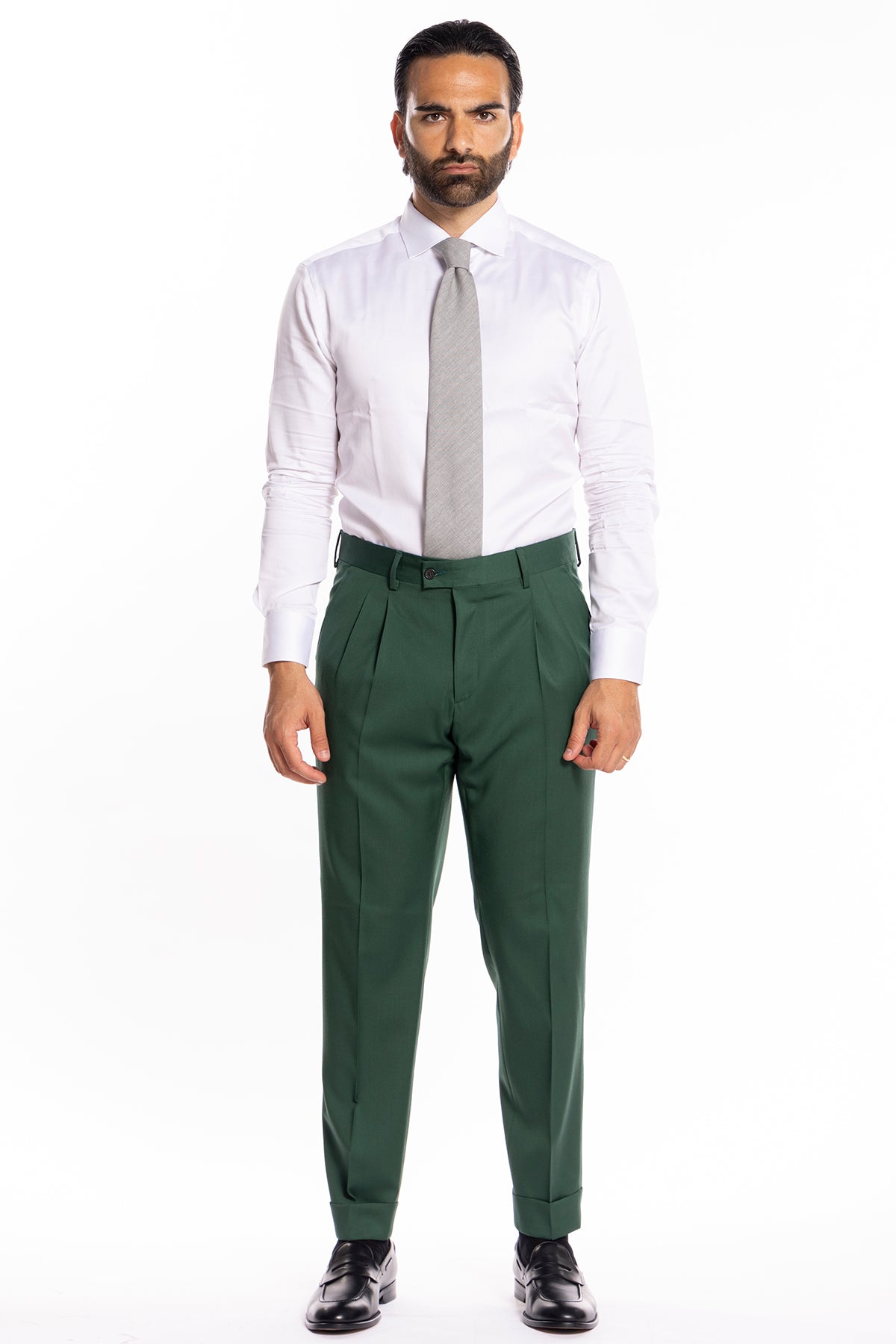 Pantalone uomo Verde bottiglia vita alta in fresco lana super 130's Bristol Tessuti Napoli tasca america con doppia pinces e risvolto di 5cm