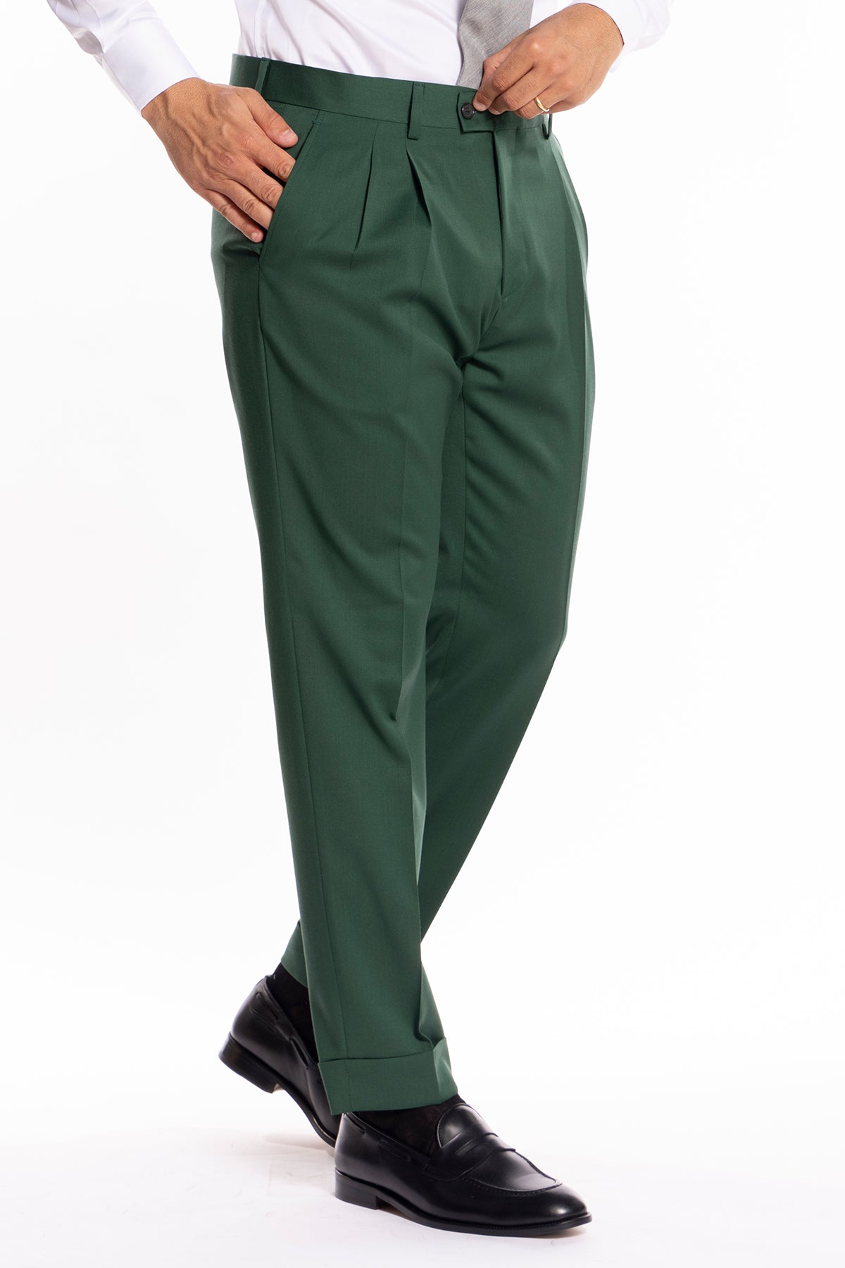 Pantalone uomo Verde bottiglia vita alta in fresco lana super 130's Bristol Tessuti Napoli tasca america con doppia pinces e risvolto di 5cm