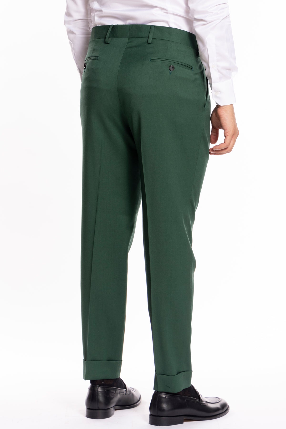 Pantalone uomo Verde bottiglia vita alta in fresco lana super 130's Bristol Tessuti Napoli tasca america con doppia pinces e risvolto di 5cm