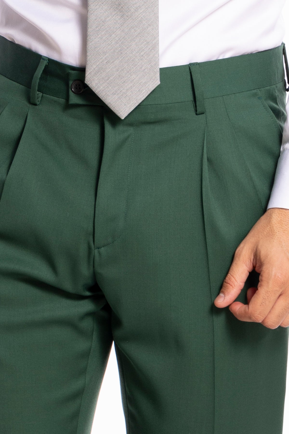 Pantalone uomo Verde bottiglia vita alta in fresco lana super 130's Bristol Tessuti Napoli tasca america con doppia pinces e risvolto di 5cm