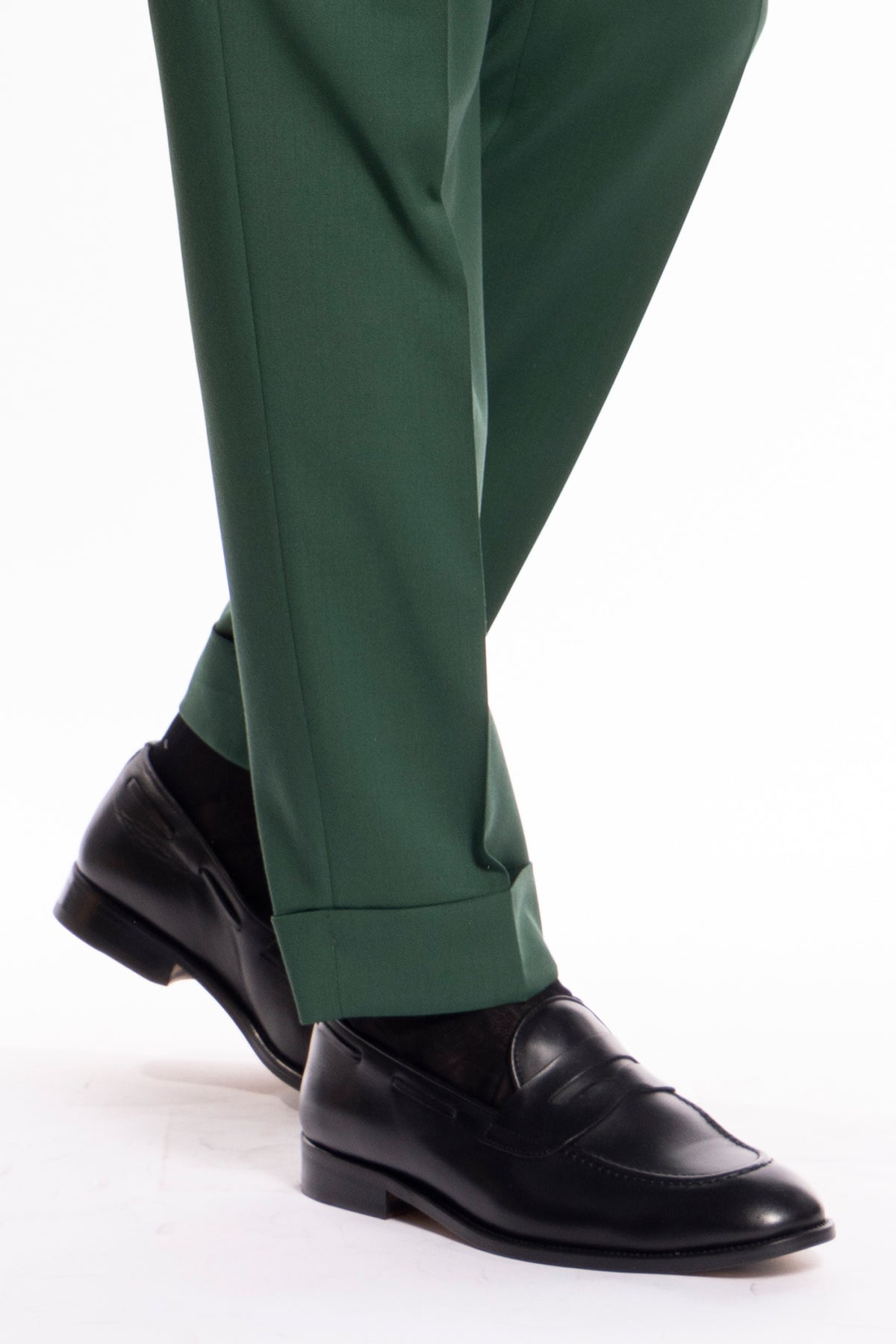 Pantalone uomo Verde bottiglia vita alta in fresco lana super 130's Bristol Tessuti Napoli tasca america con doppia pinces e risvolto di 5cm