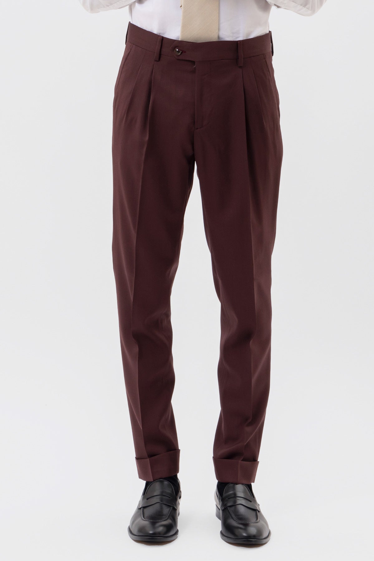 Pantalone uomo bordeaux vita alta in fresco lana super 130's Bristol Tessuti Napoli tasca america con doppia pinces e risvolto di 5cm