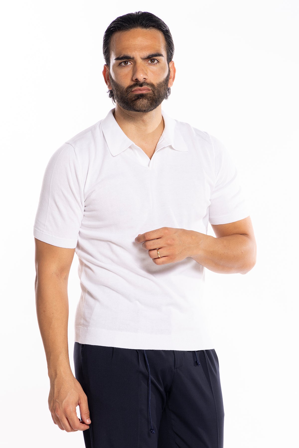 Polo da uomo mezze maniche bianca tinta unita 100% cotone di filo tinta unita finezza 14<br />
-