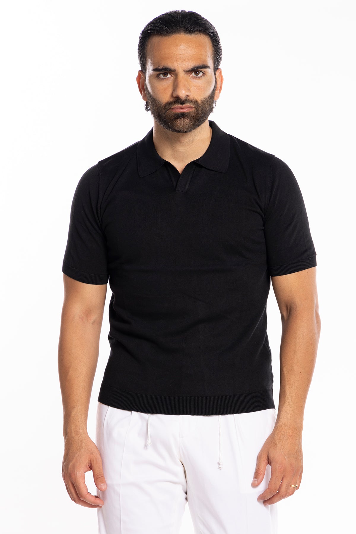 Polo da uomo mezze maniche nera tinta unita 100% cotone di filo tinta unita finezza 14<br />
-